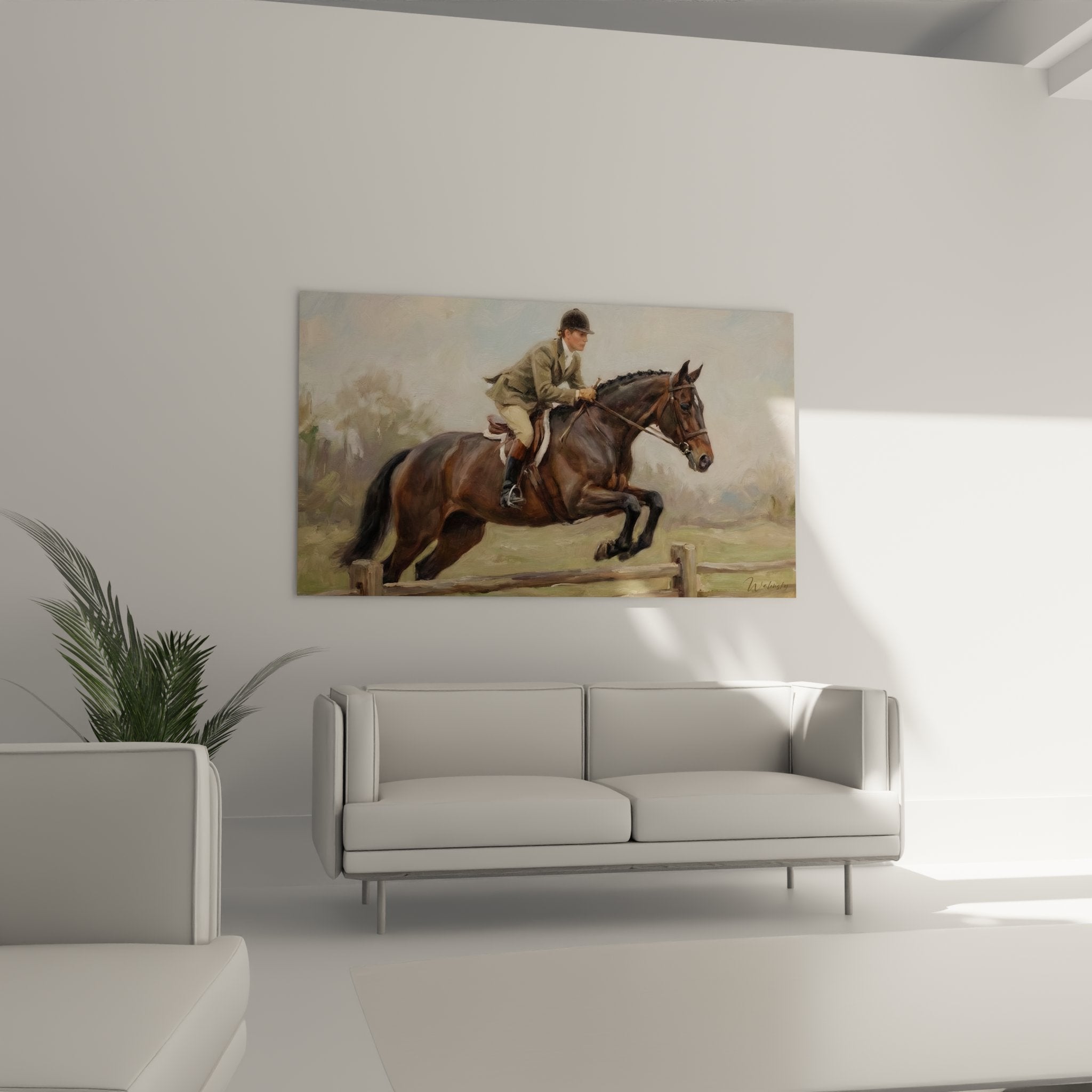 Détail rapproché tableau équitation showing technique pinceau et rendu cheval cavalier saut obstacle