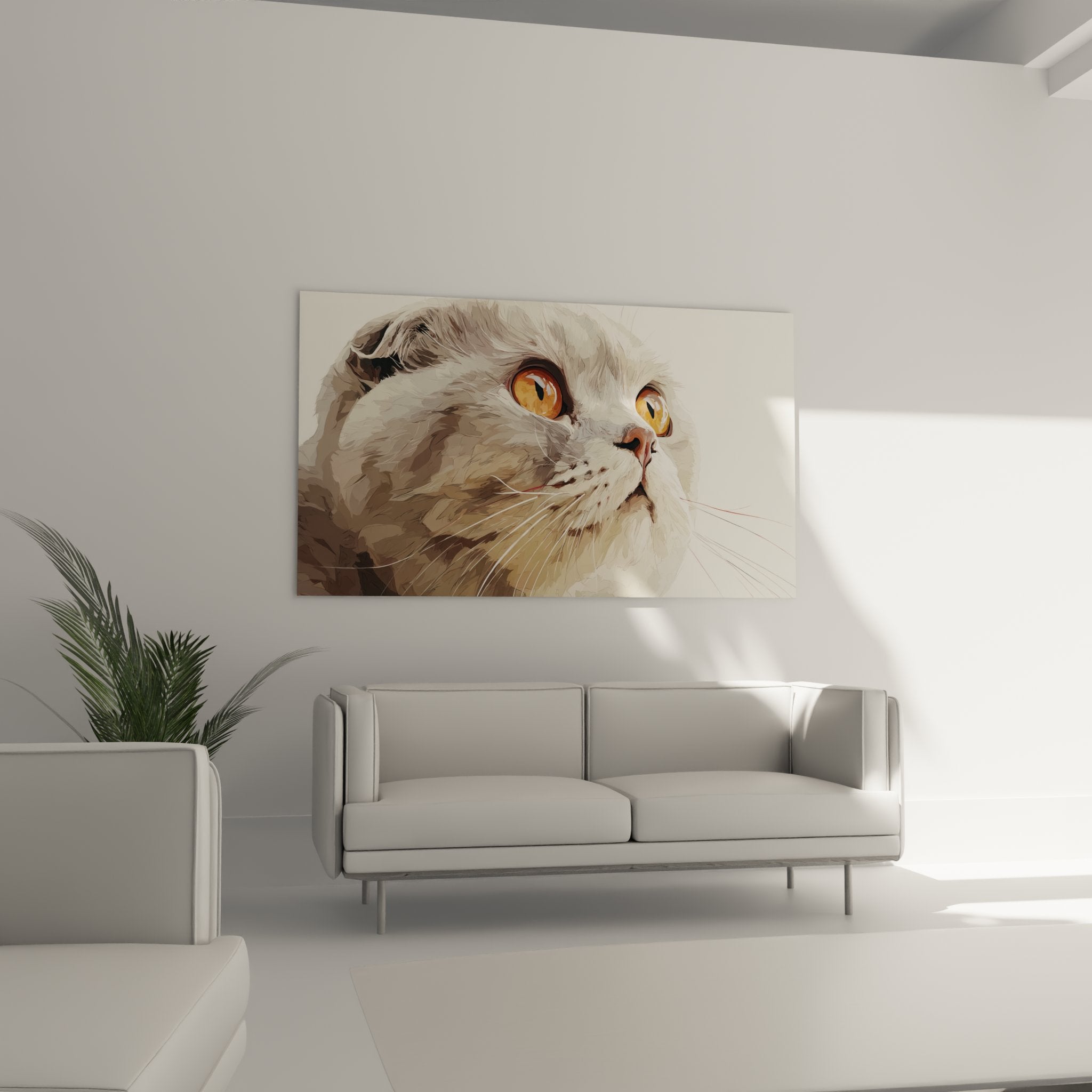 Close-up Scottish Fold cat painting with expressive amber eyes, realistic cream fur details and white whiskers