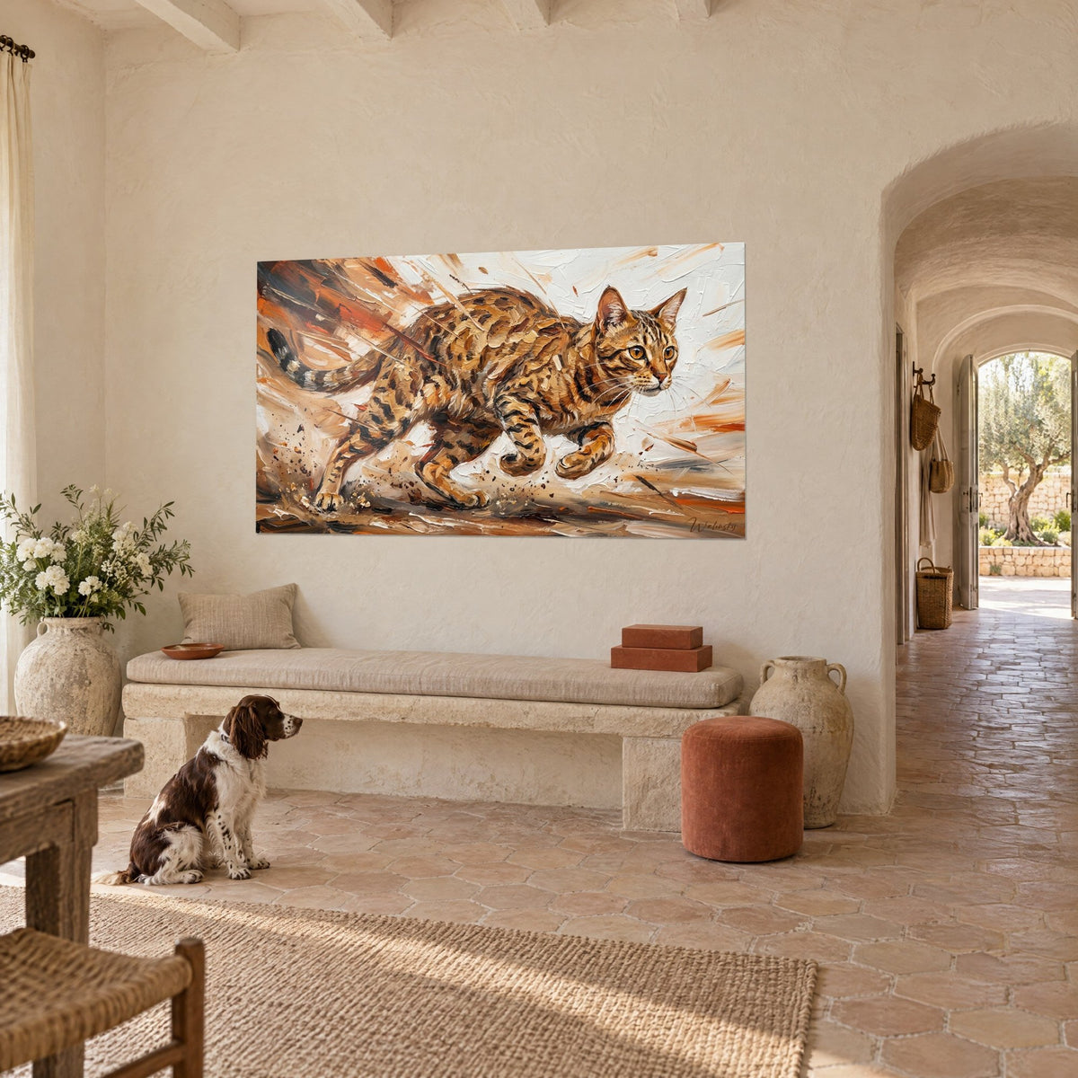 Wall art of an Ocicat with caramel and brown spotted coat, wild stride on cream background, wall of a Provençal farmhouse, seated spaniel