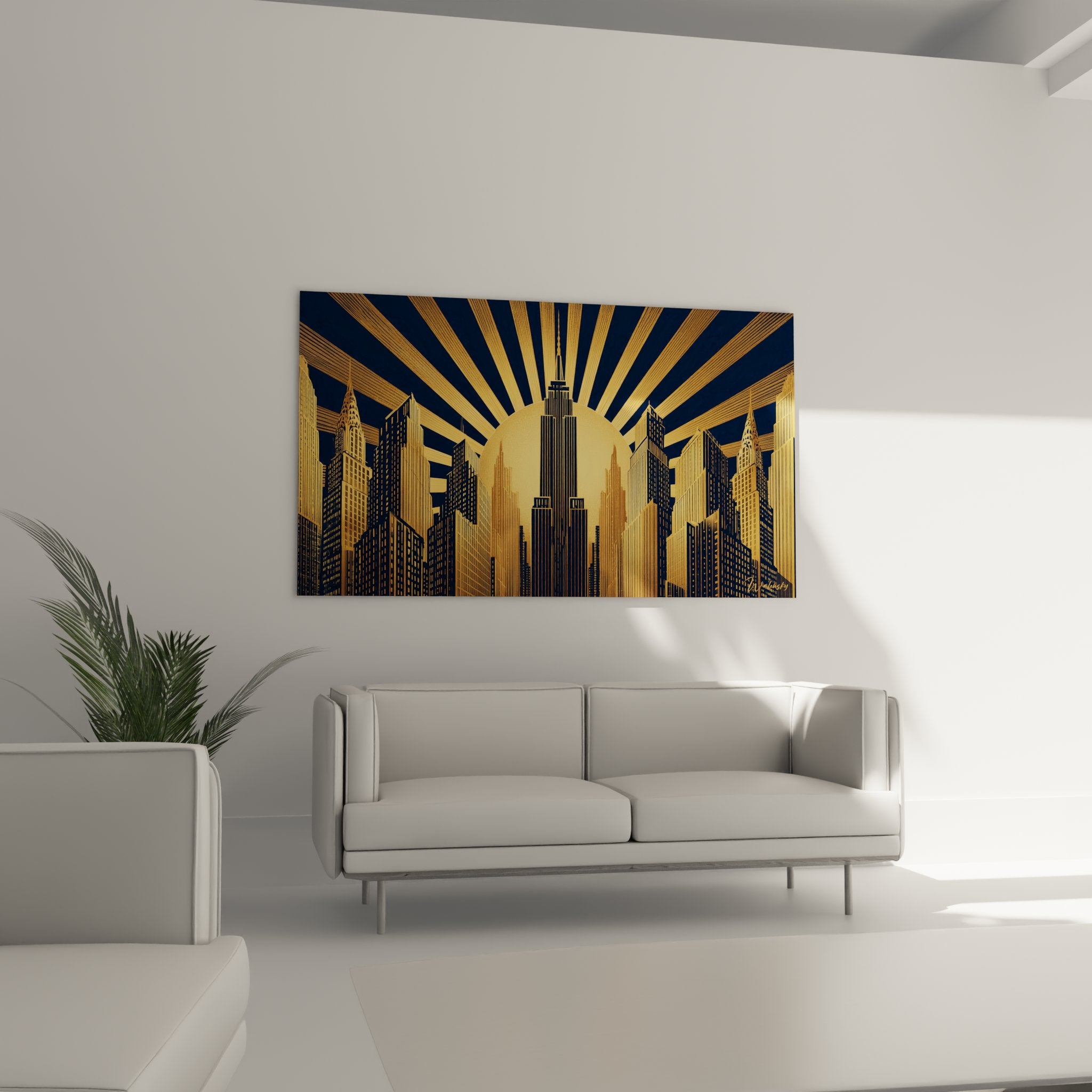 Détail du tableau art déco montrant les rayons dorés et la stylisation géométrique des gratte-ciel Manhattan