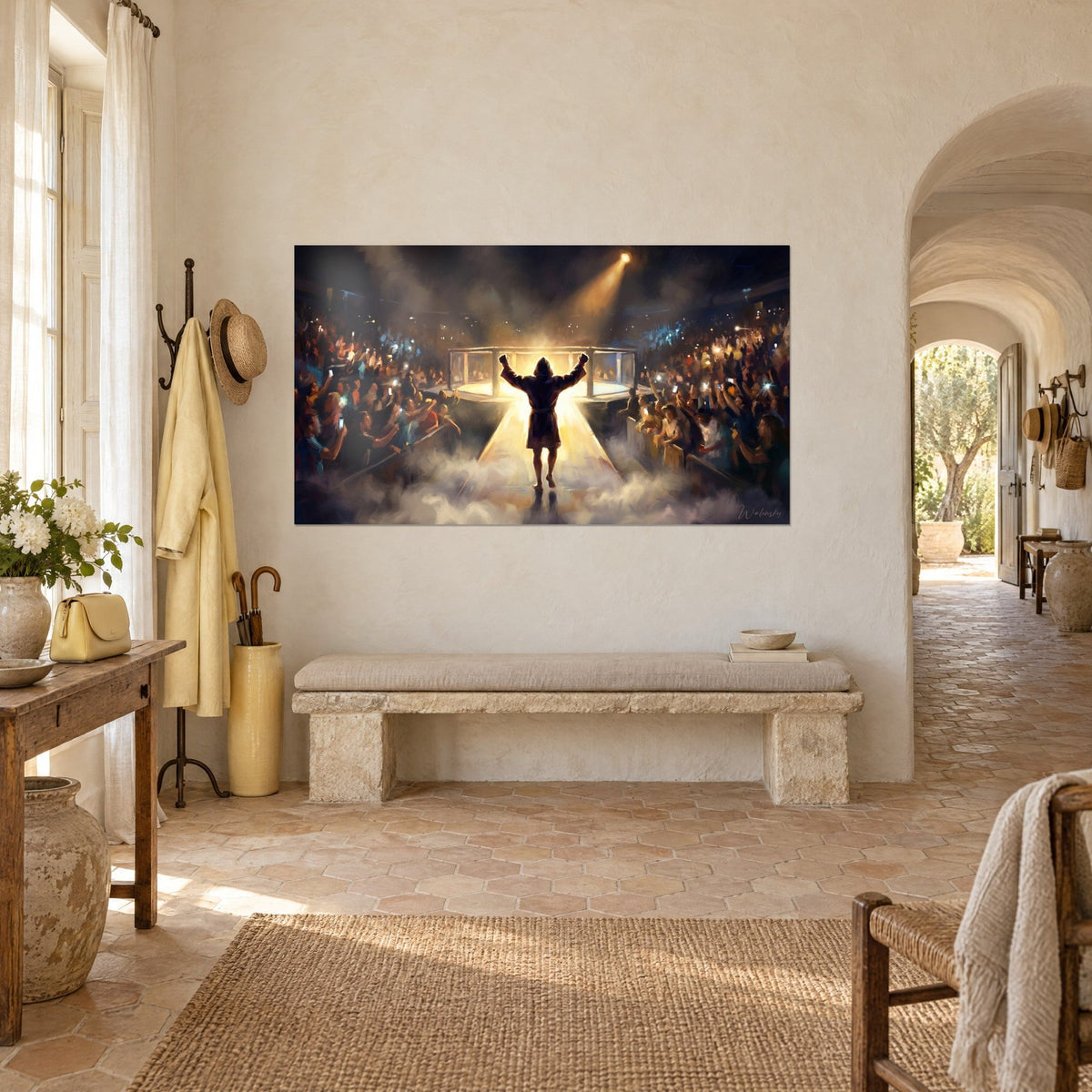 Wall art of an MMA champion facing the lit cage, ivory hallway and blue-and-orange crowd, in a stone Provençal farmhouse