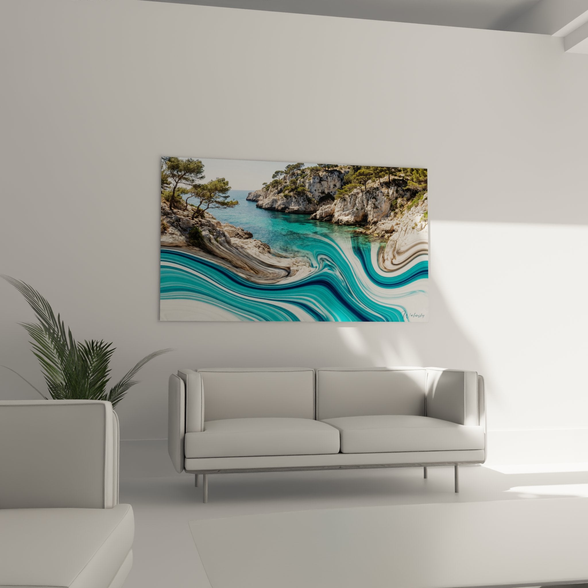 Détail rapproché tableau crique méditerranéenne montrant transition réalisme vers abstraction fluide