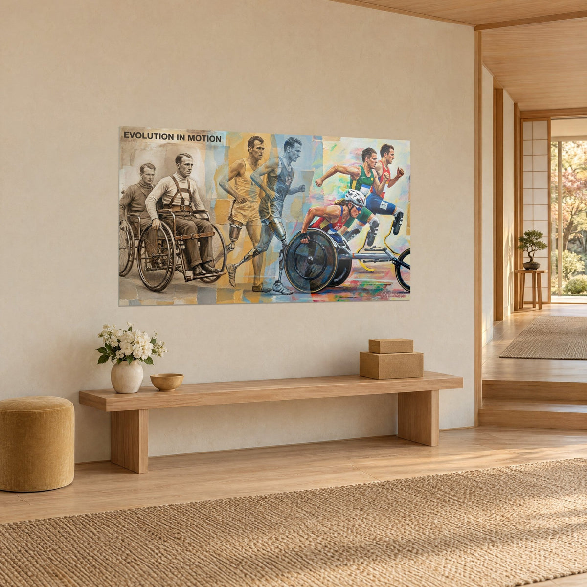 Wall art racers with yellow carbon blades, ochre, green and red fresco, three-quarter view, light wood bench, japandi living room