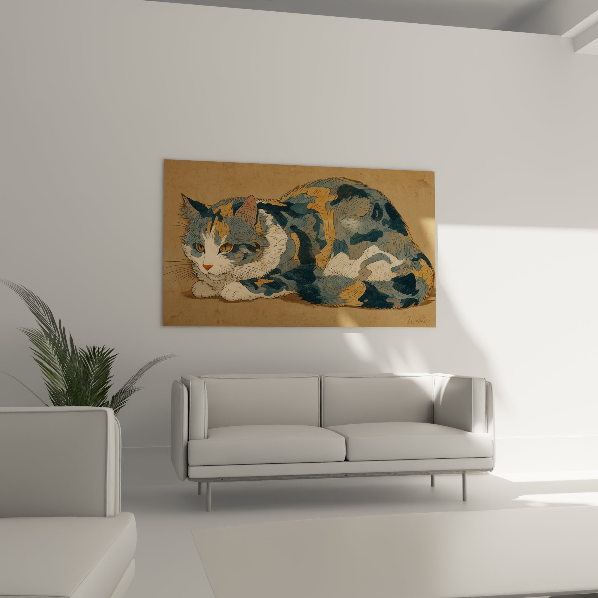 Close-up detail of tricolor cat artwork with golden eyes, orange and blue fur, refined artistic technique