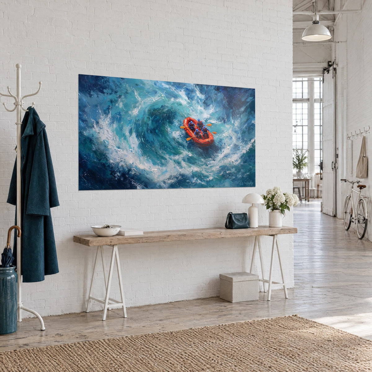 Wall art red raft carried by four helmeted paddlers in blue, thick wave of foam, on a white artist loft wall
