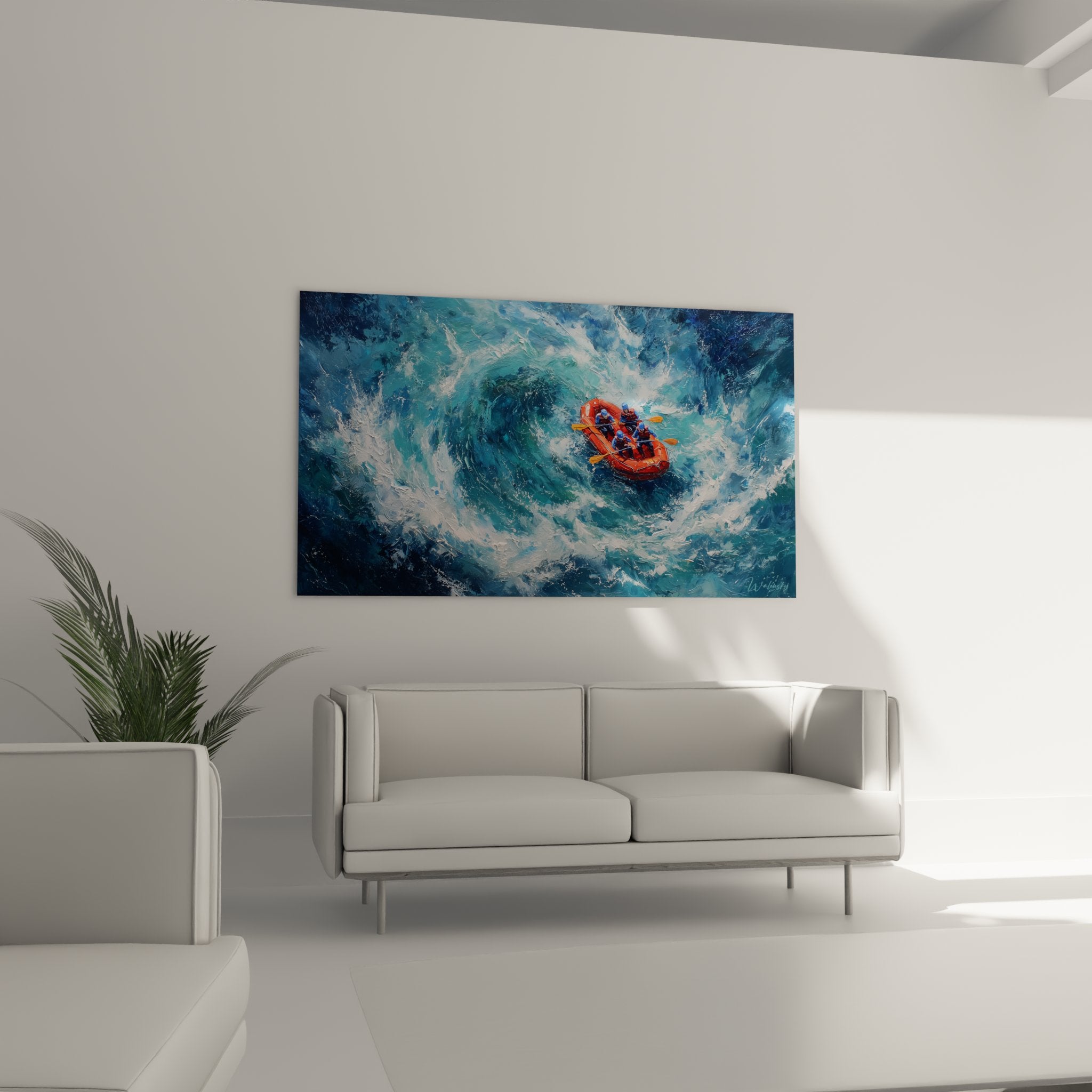 Rafting painting detail - orange raft painting turbulent blue waters - sports wall art
