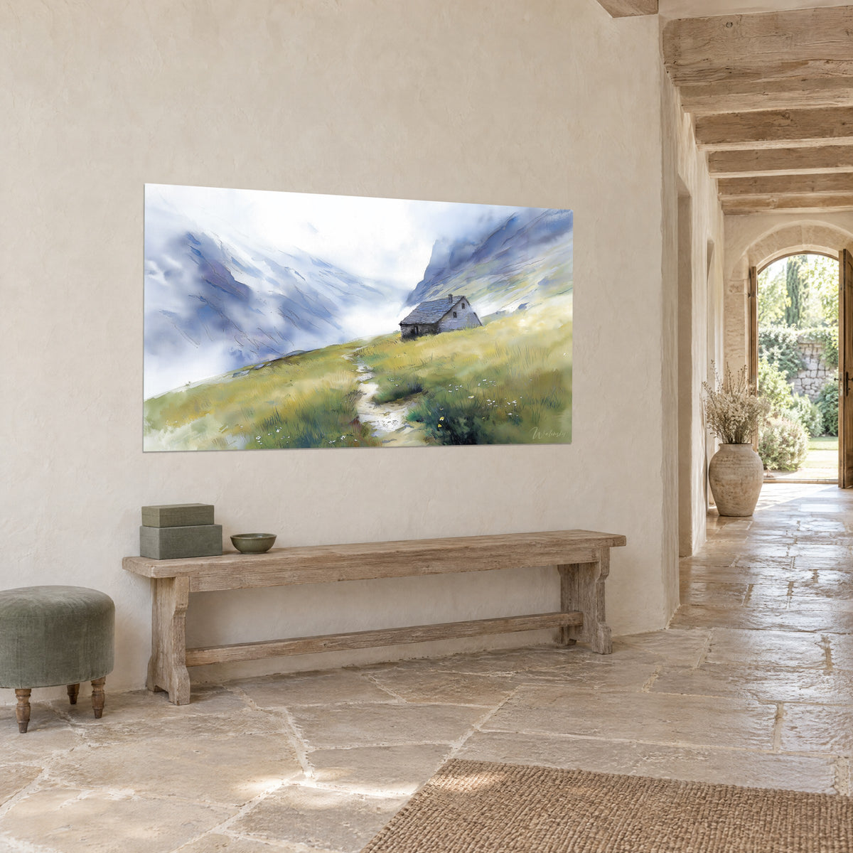 Wall art pastoral refuge with slate roof on a green grassy slope, veiled periwinkle-blue peaks, stone wall of a country house