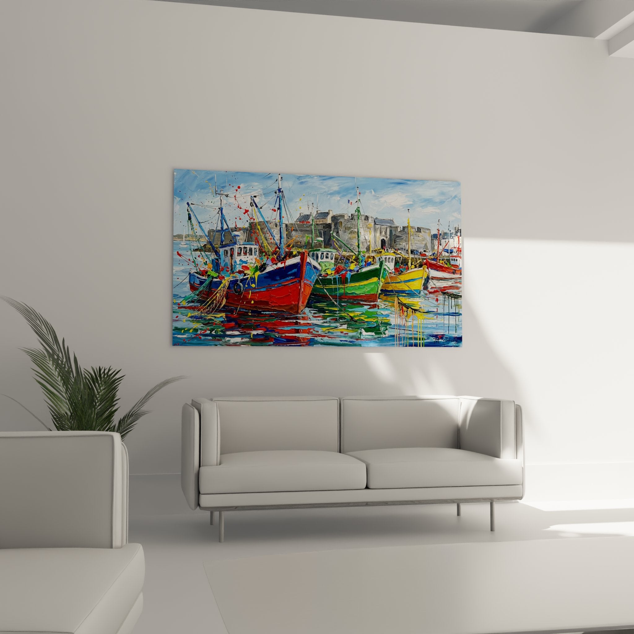 Detail of Breton fishing boats painting - vibrant red, green, yellow colors with expressive technique