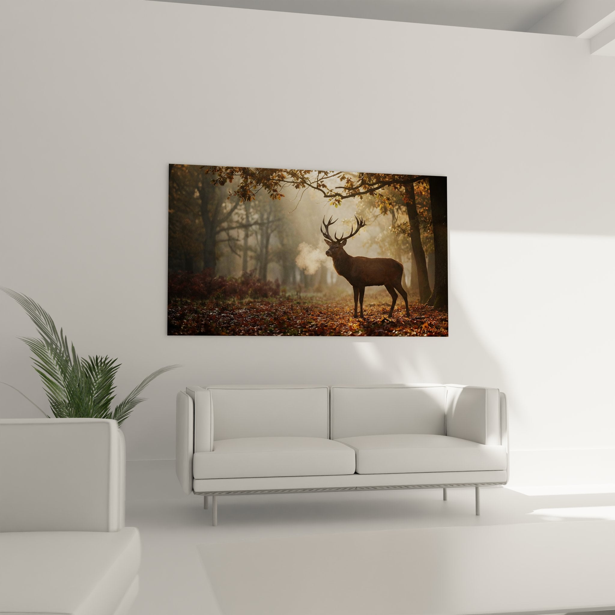 Détail tableau cerf bois imposants vapeur souffle matinal forêt brumeuse