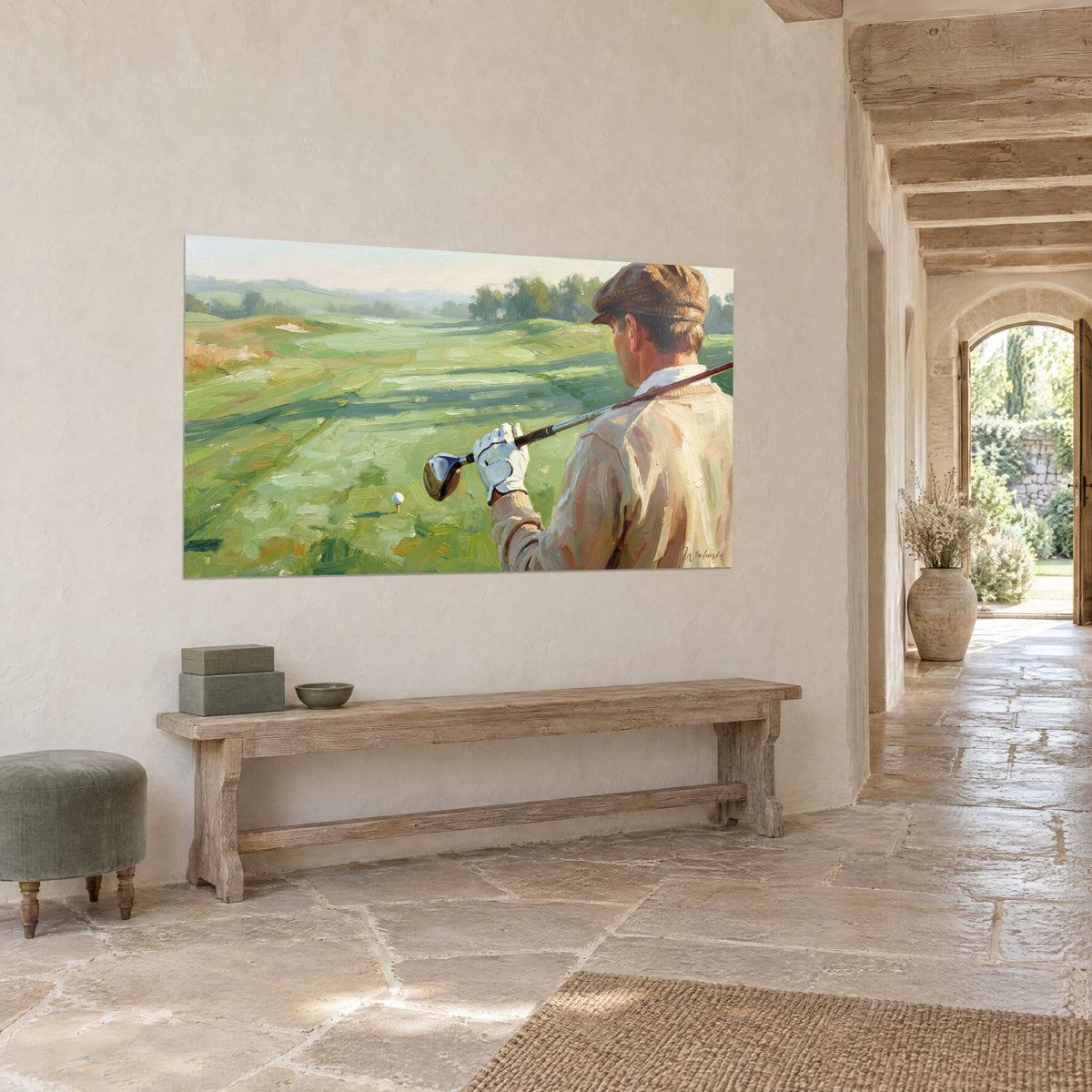 Cuadro de jugador de golf con chaleco crema, guante blanco sujetando el palo al hombro, prado verde, entrada de piedra y vigas