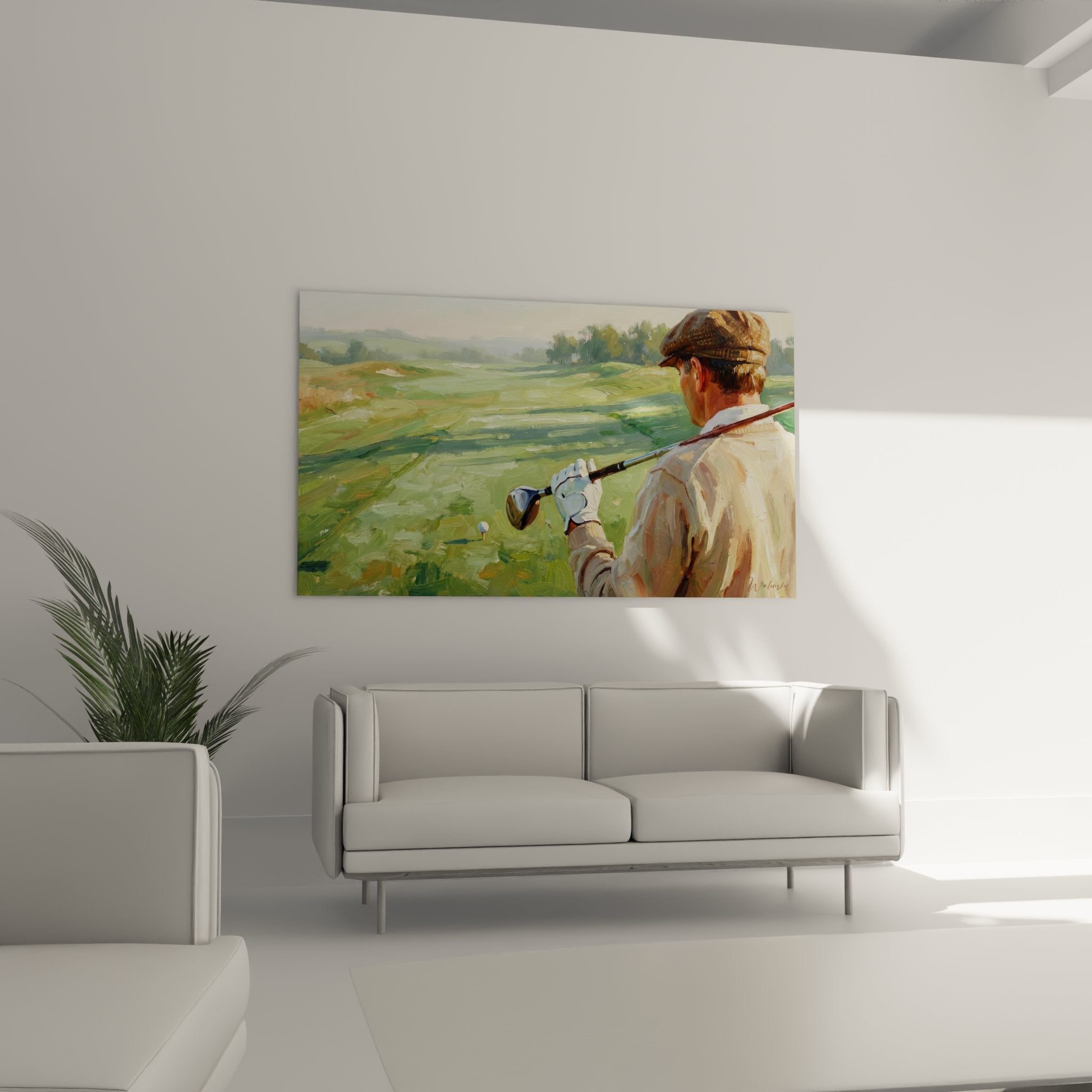 Detail tableau golf vintage - golfeur en tenue classique avec casquette carreaux effectuant swing