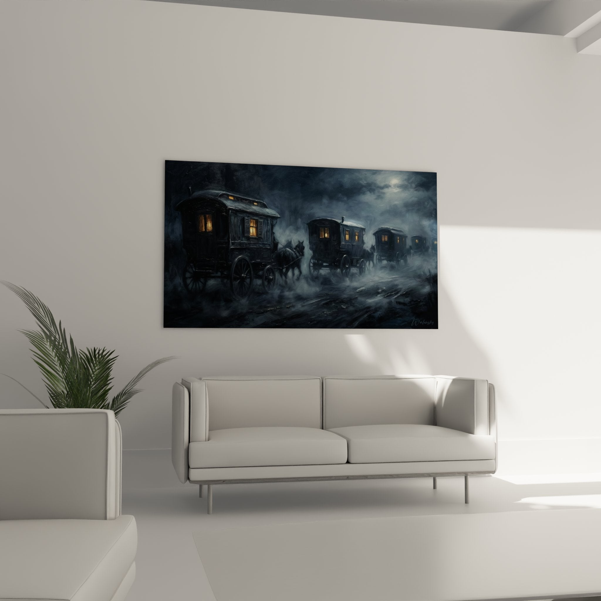 Détail rapproché roulotte cirque illuminée, fenêtres dorées et texture peinture atmosphère nocturne dramatique