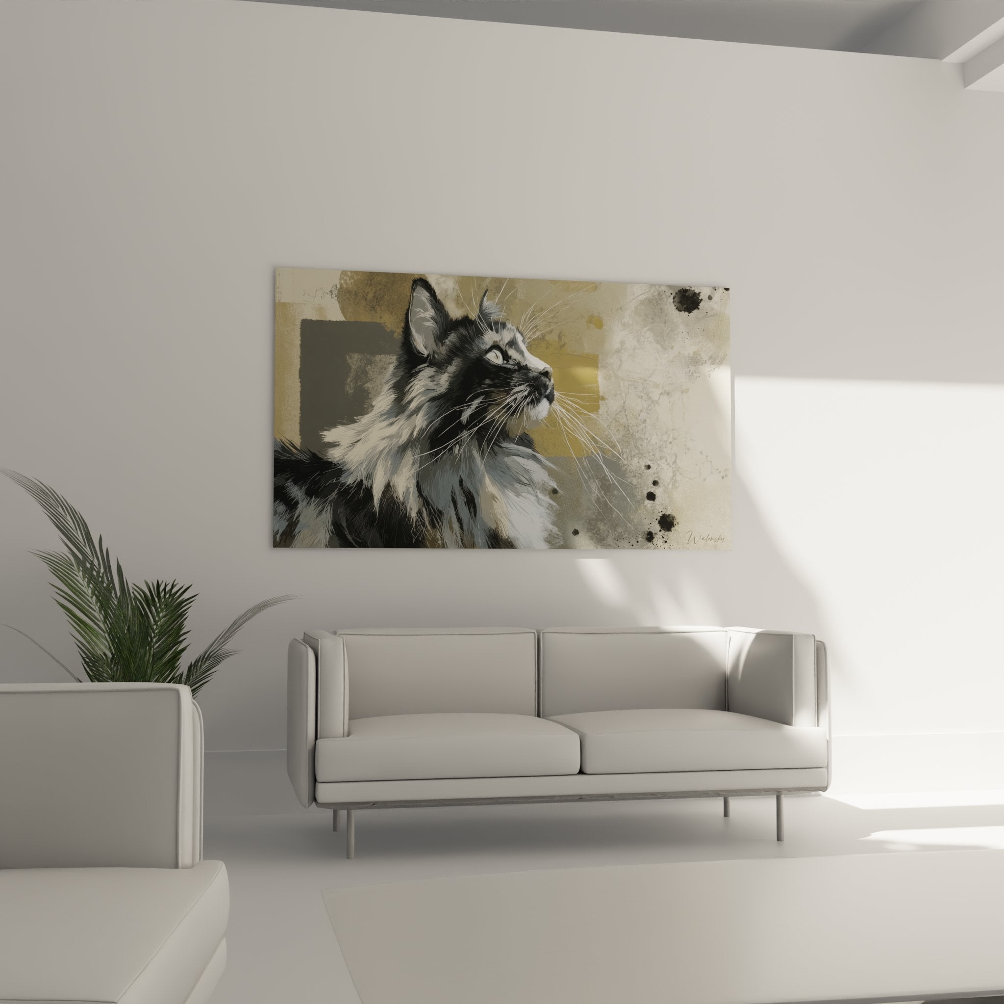 Détail portrait chat Sibérien artistique, texture pelage réaliste et regard expressif, peinture murale haut de gamme