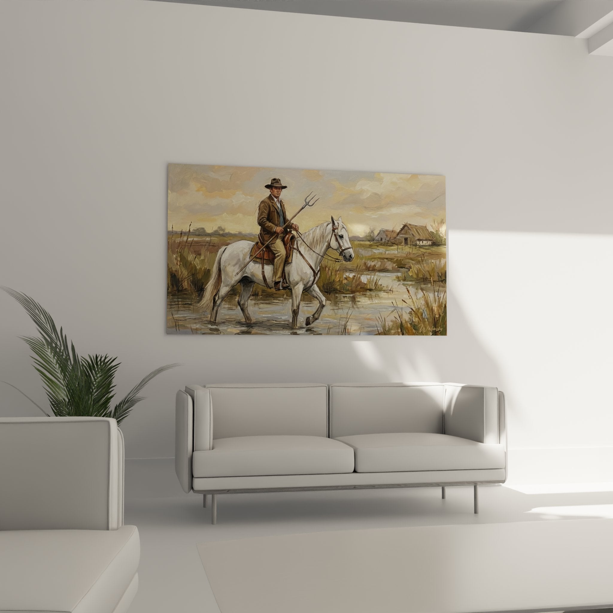 Gardian painting detail Camargue, artistic technique horseman white horse marshland, visible brushstrokes