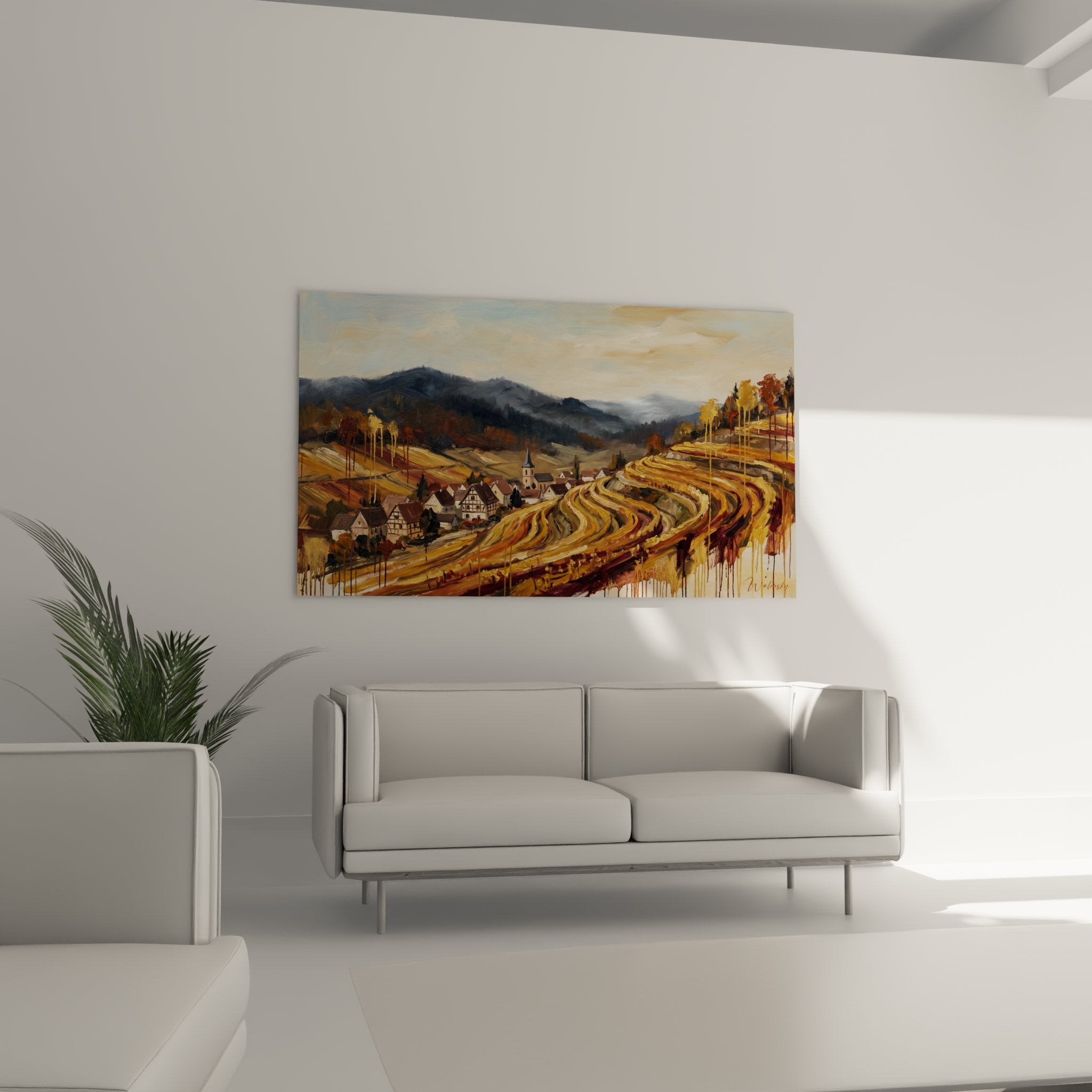 Détail du tableau village alsacien montrant les maisons à colombages et techniques de peinture expressives