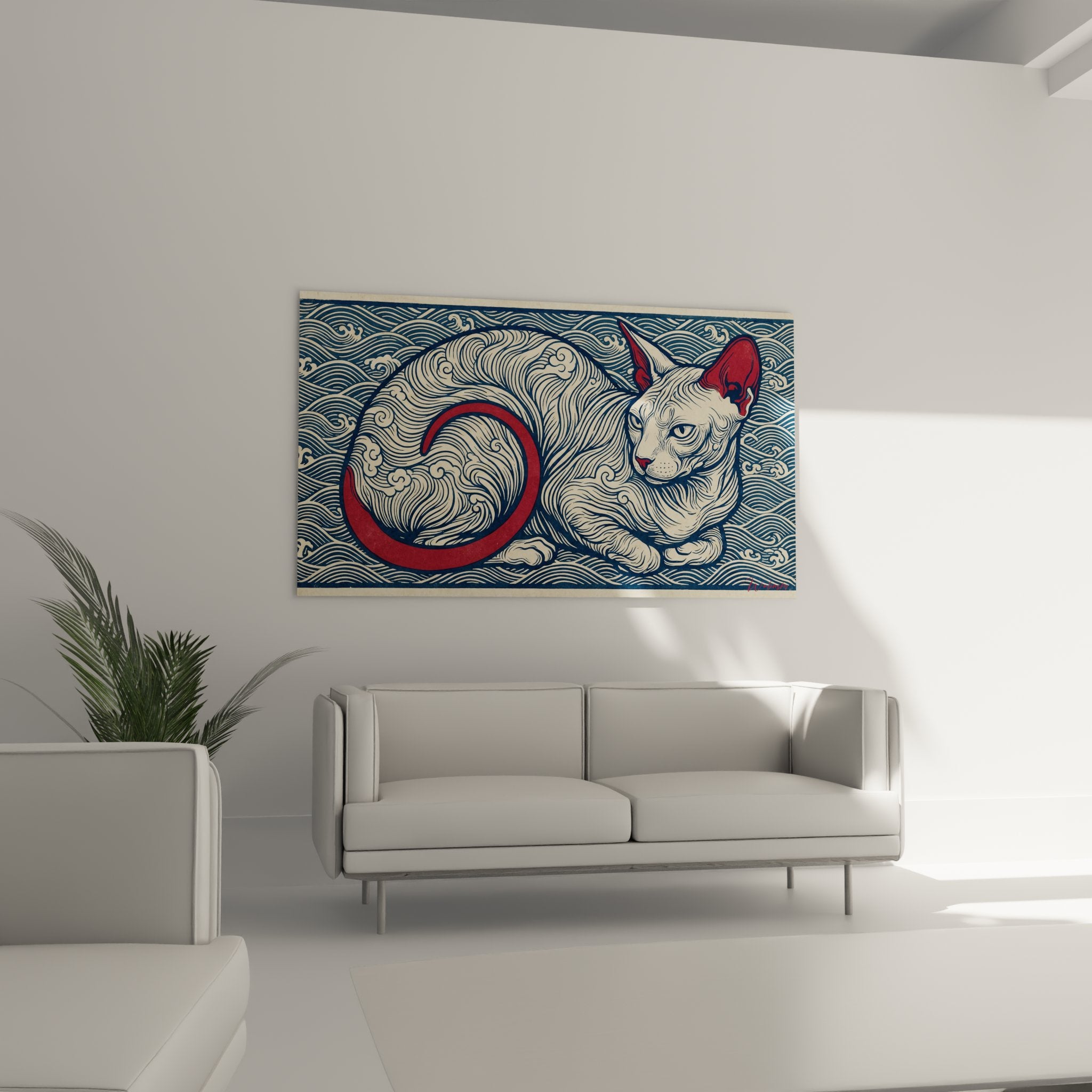 Primo piano dettagli quadro gatto Peterbald motivi onde ornamentali stile giapponese blu rosso