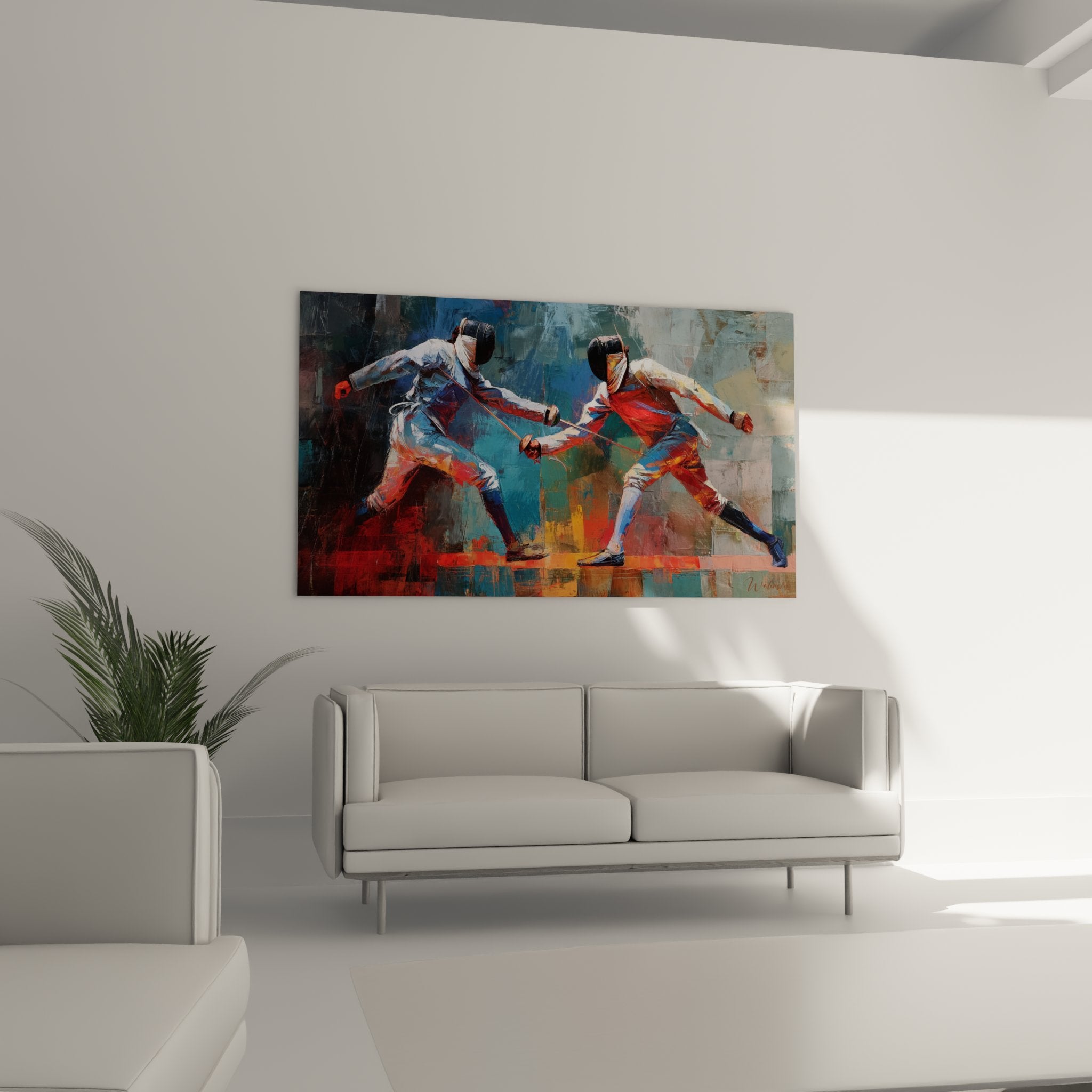 Detail artistique du tableau assaut d'epee, peinture moderne escrime avec texture et couleurs eclatantes