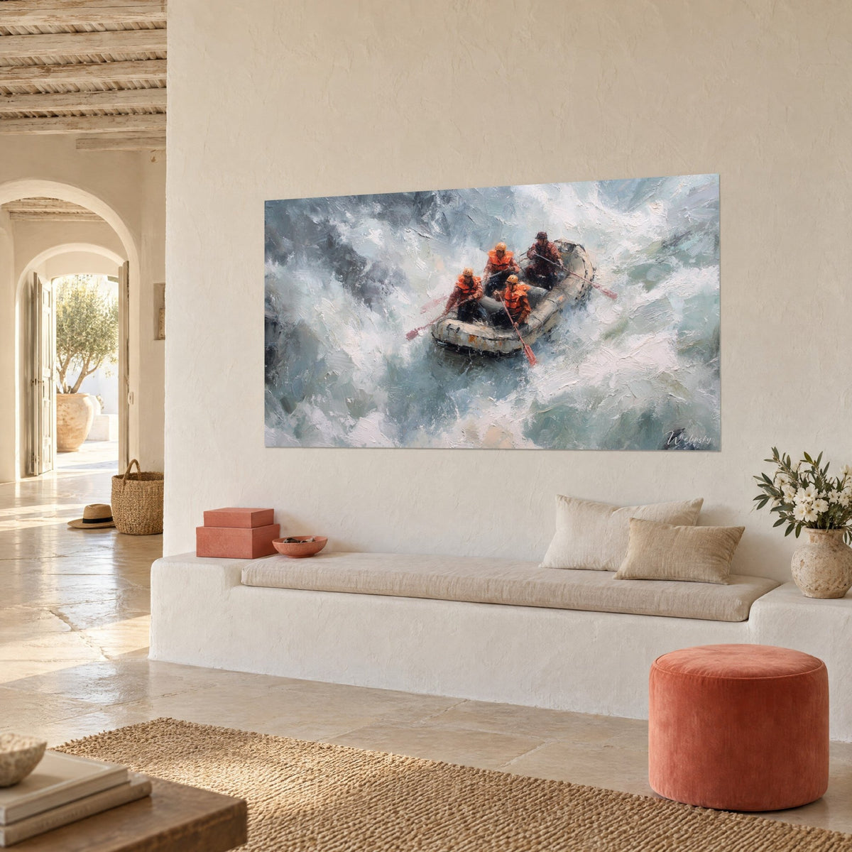 Wall art rafting crew in orange life jackets in a grey-blue torrent, thick brushstrokes, sofa in a bright living room