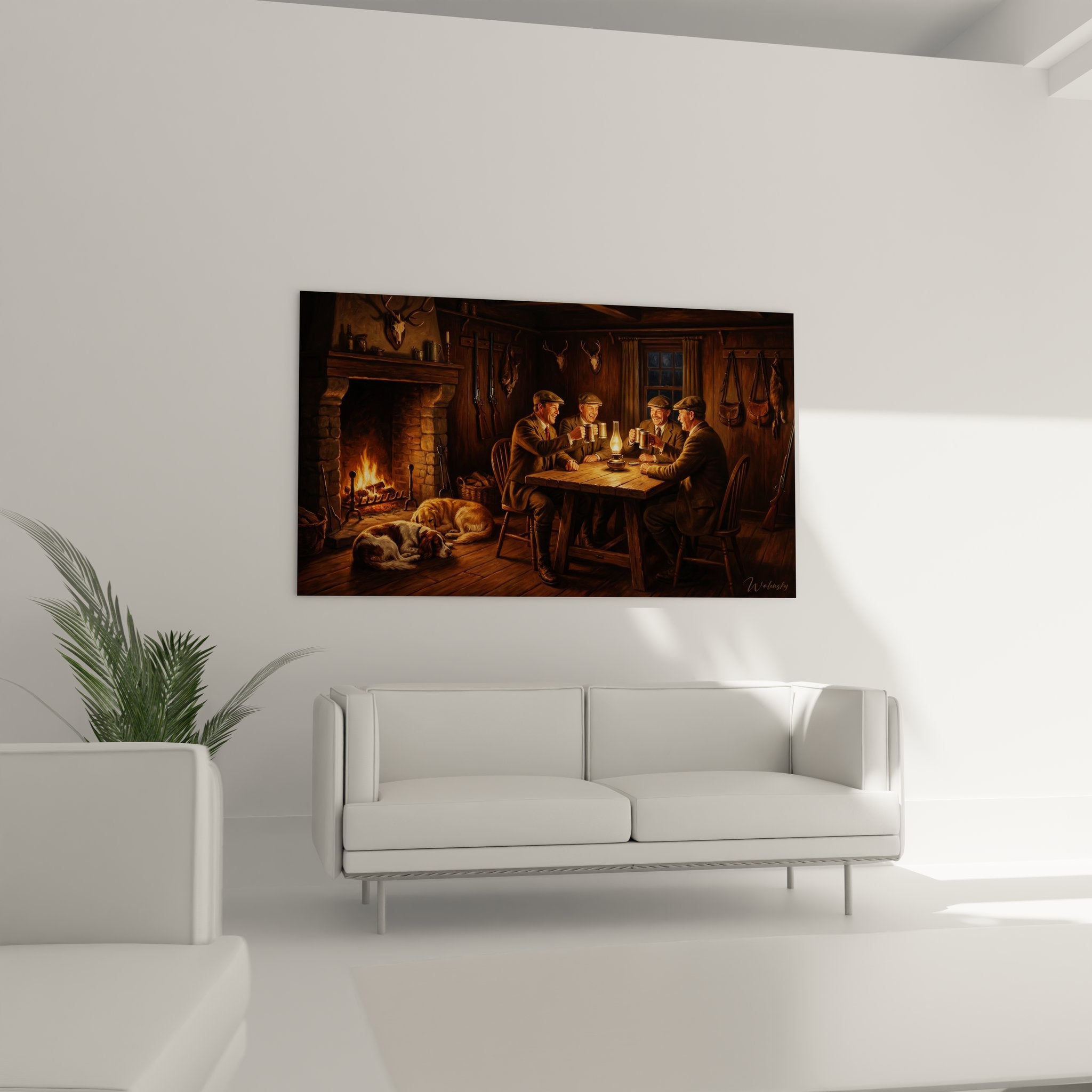 Detail du tableau chasseurs montrant les visages souriants et les chopes levees dans la lumiere doree