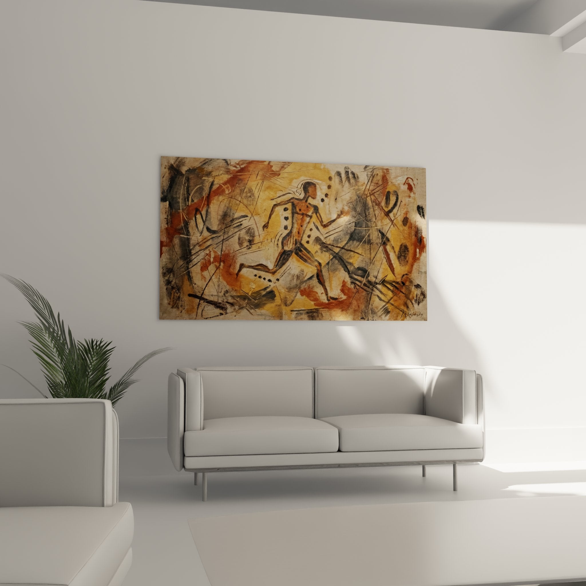 Primo piano sui dettagli del quadro corridore primitivo che mostra i tratti espressivi nello stile dell'arte rupestre preistorica