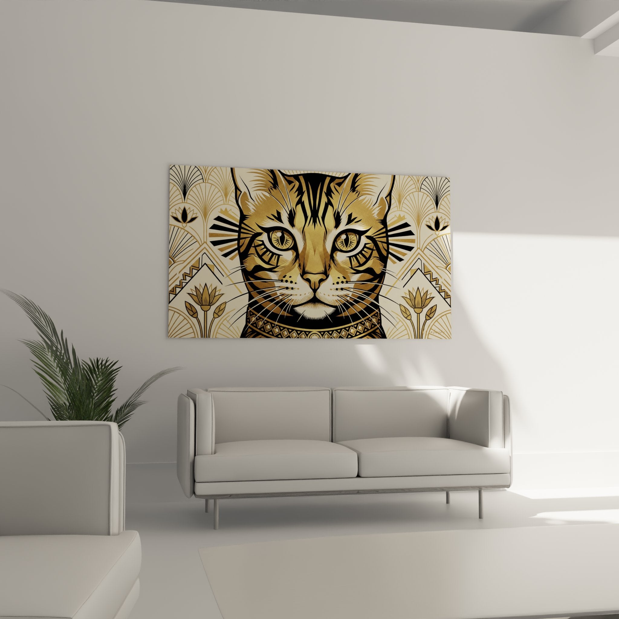 Gros plan tableau chat Bengal yeux jaunes motifs geometriques art deco details pelage marbre