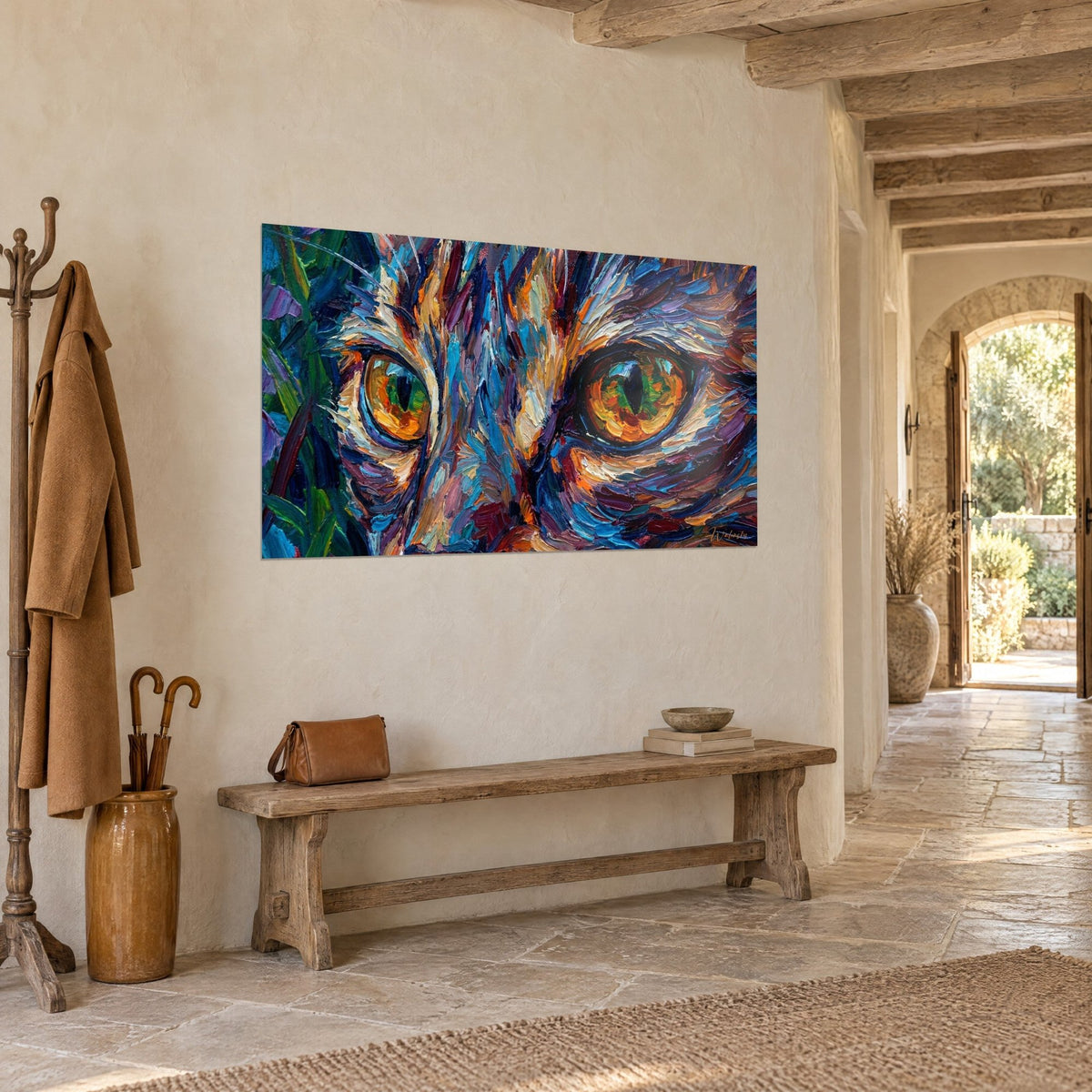Cuadro ojos de gato ámbar en trazos de espátula azules y púrpuras, vista de tres cuartos en un pasillo de piedra clara