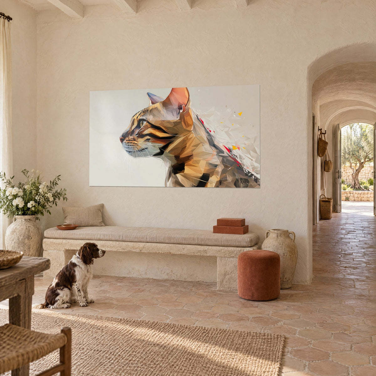 Wall art portrait of a tabby cat built from golden and grey triangles, red and yellow highlights, cream wall, seated spaniel, Provençal farmhouse