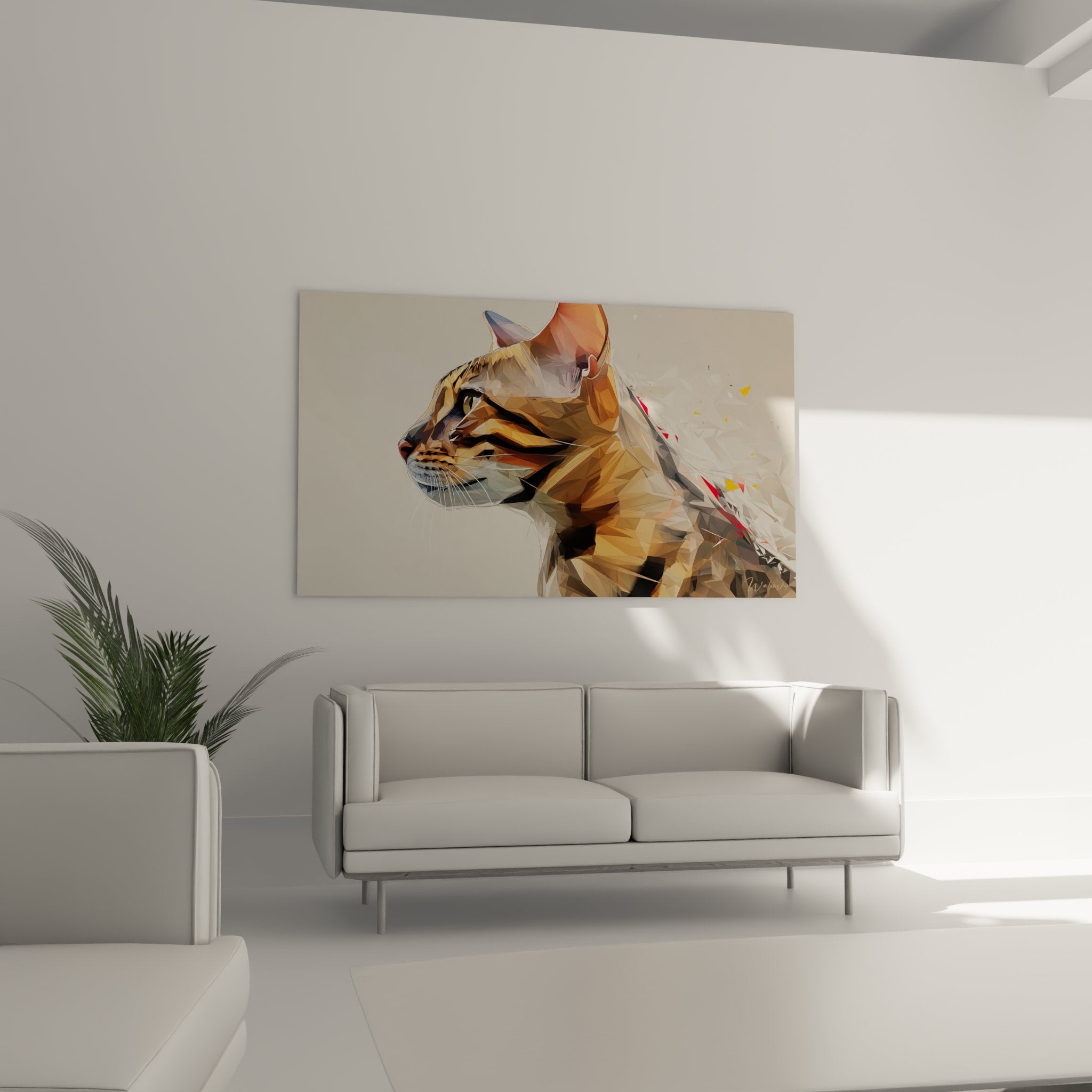 Detail proche tableau chat Toyger polygonal facettes geometriques colorees art moderne portrait felin