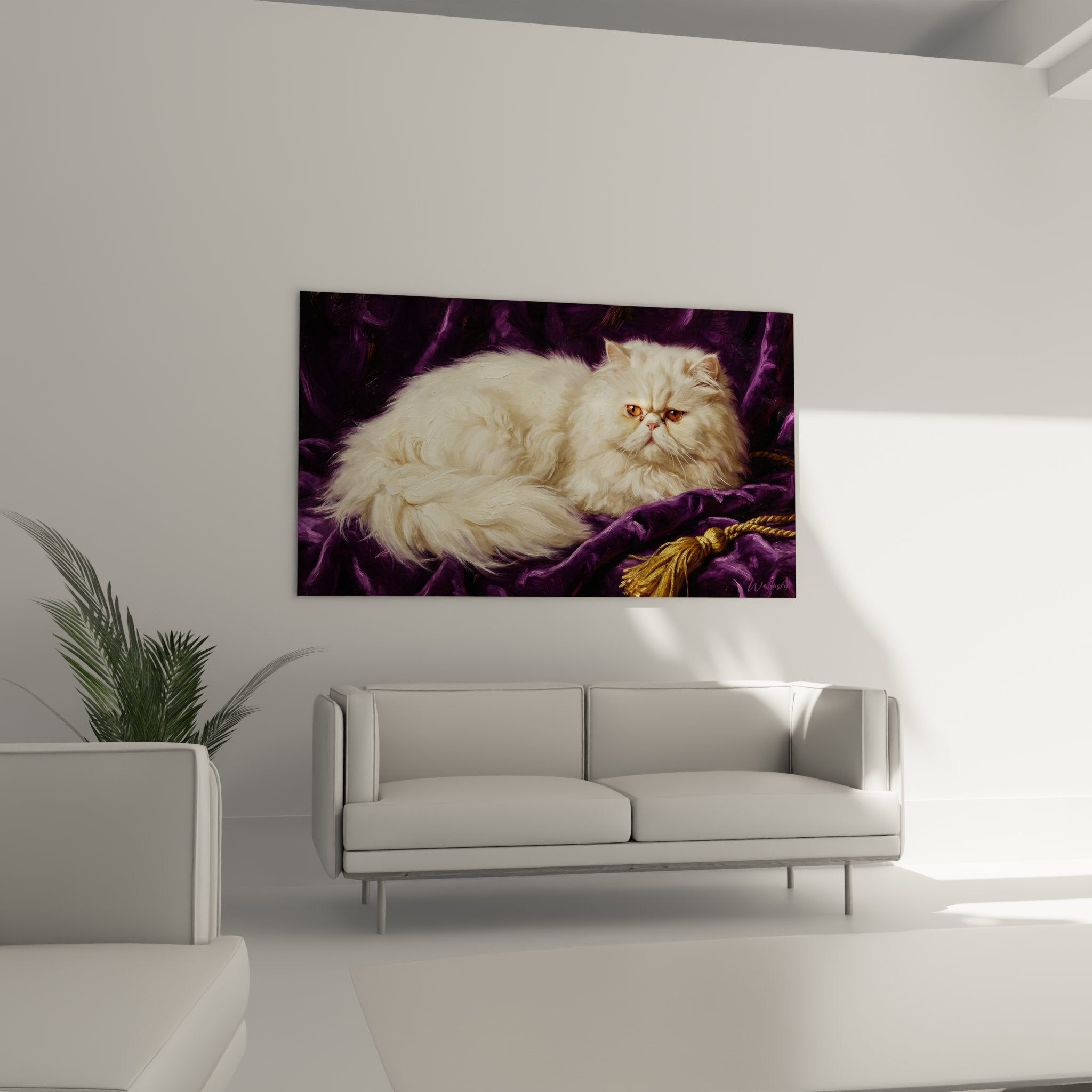 Dettaglio dipinto gatto persiano bianco che mostra la trama del manto setoso e i grandi occhi dorati espressivi