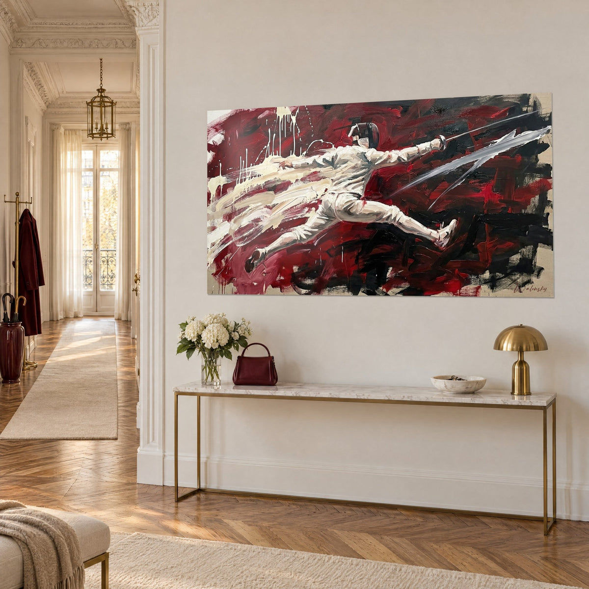 Gemälde eines springenden Duellanten, silbrige Klinge gestreckt, cremefarbene Laufspuren auf dunklem Rot, über einer vergoldeten Konsole in Paris