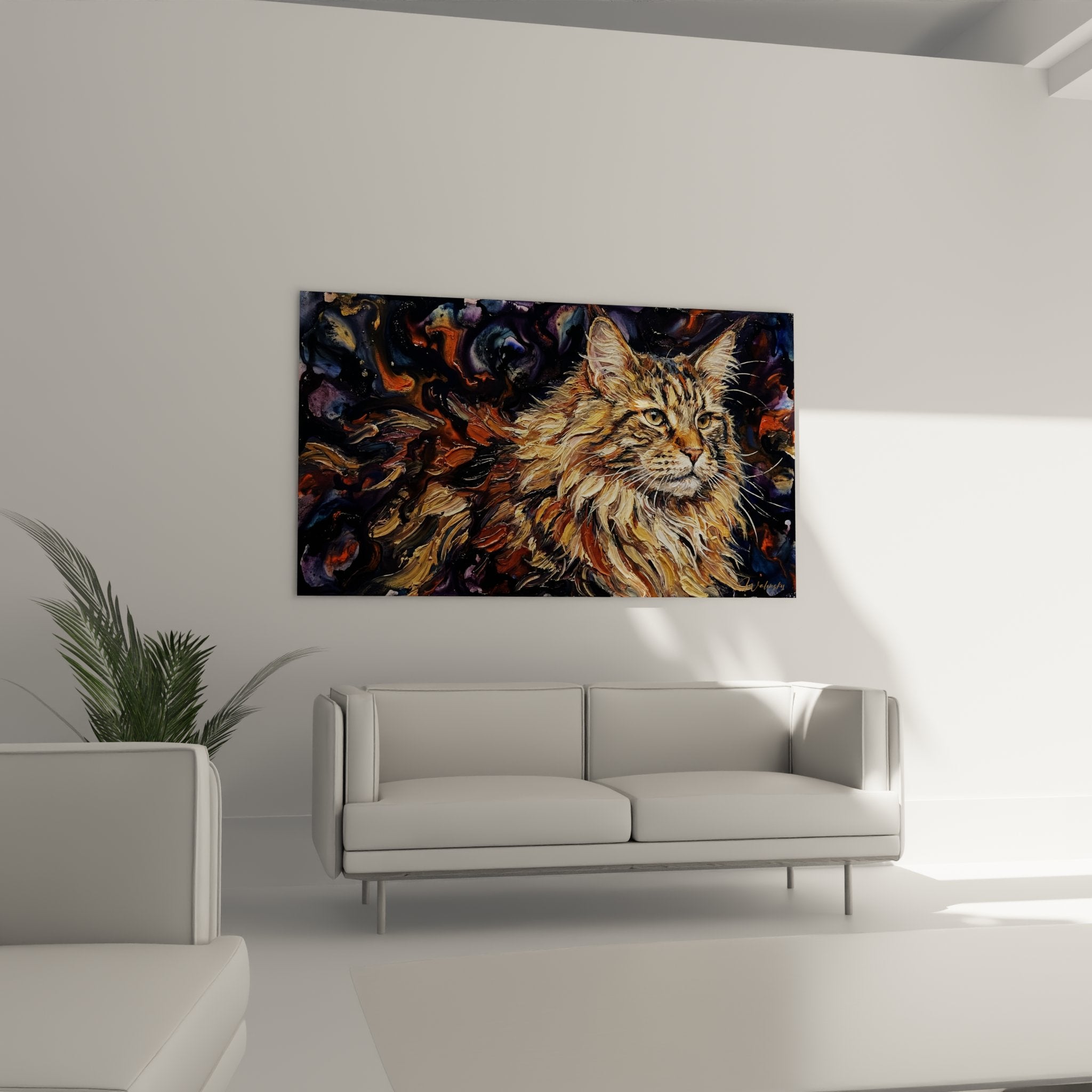 Dettaglio ravvicinato della pittura Maine Coon che mostra la texture della pelliccia dorata e gli occhi verdi espressivi su sfondo galattico