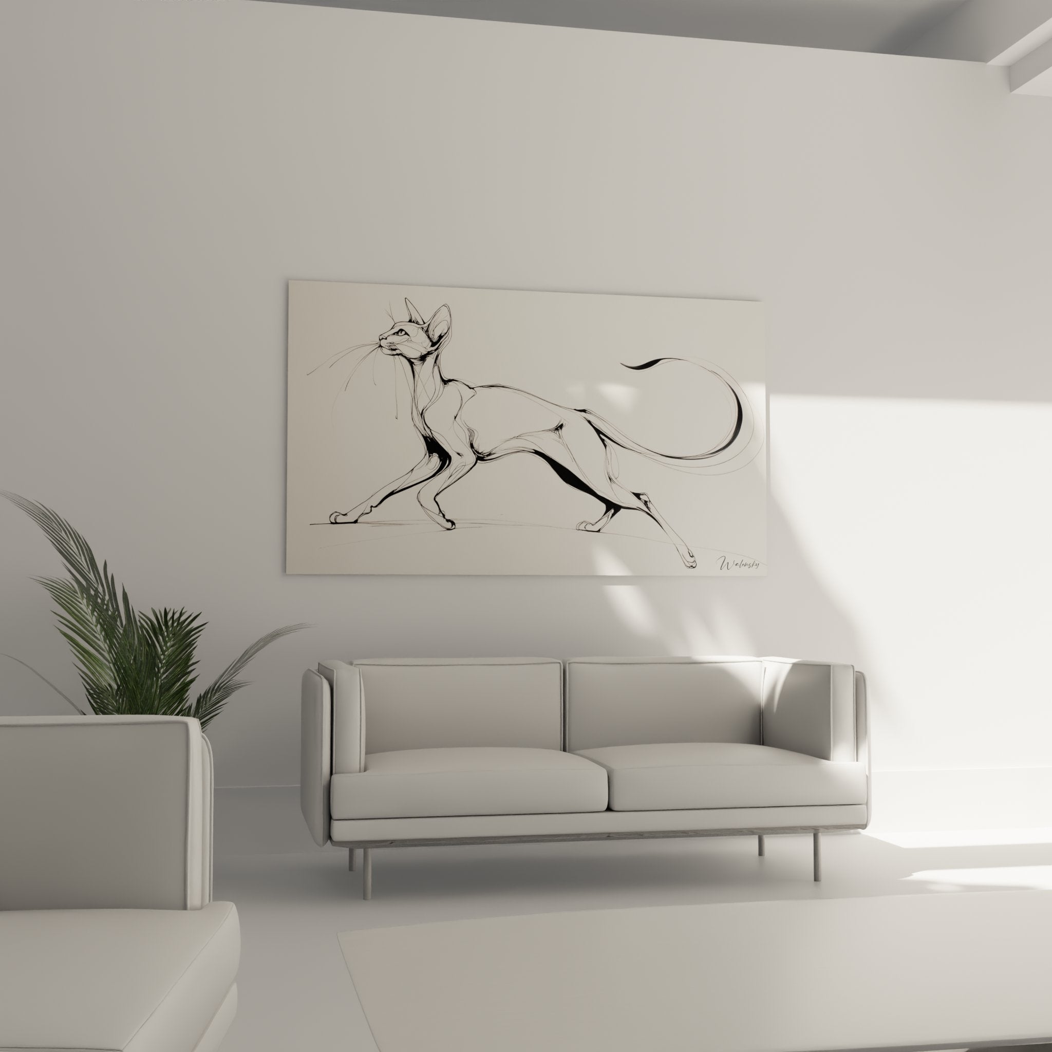 Dettaglio del quadro gatto che mostra le linee fluide ed espressive dell'illustrazione felina