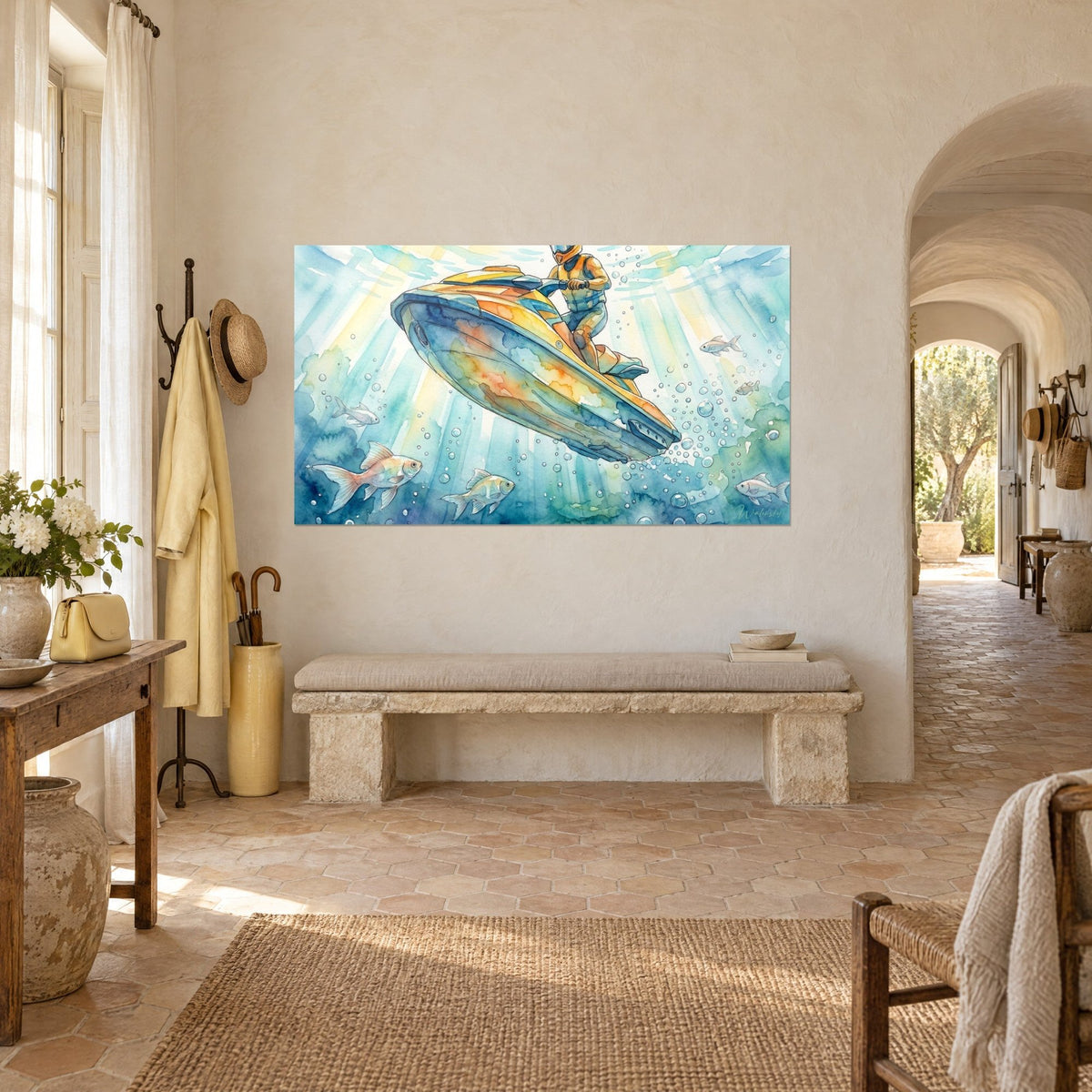 Gemälde gelb-orange Jetski springt zwischen Fischen hervor, türkisfarbene Lichtstrahlen, verputzte Wand eines provenzalischen Gutshofs und Bogen