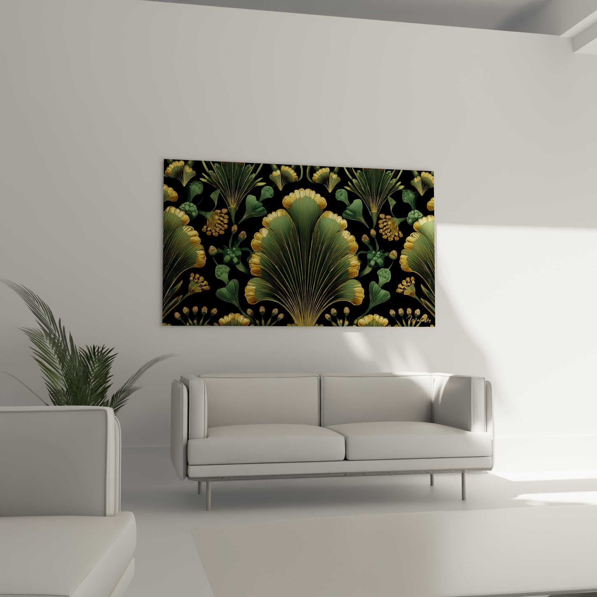Detail of golden art deco floral patterns showing fine veining of petals and stylized foliage