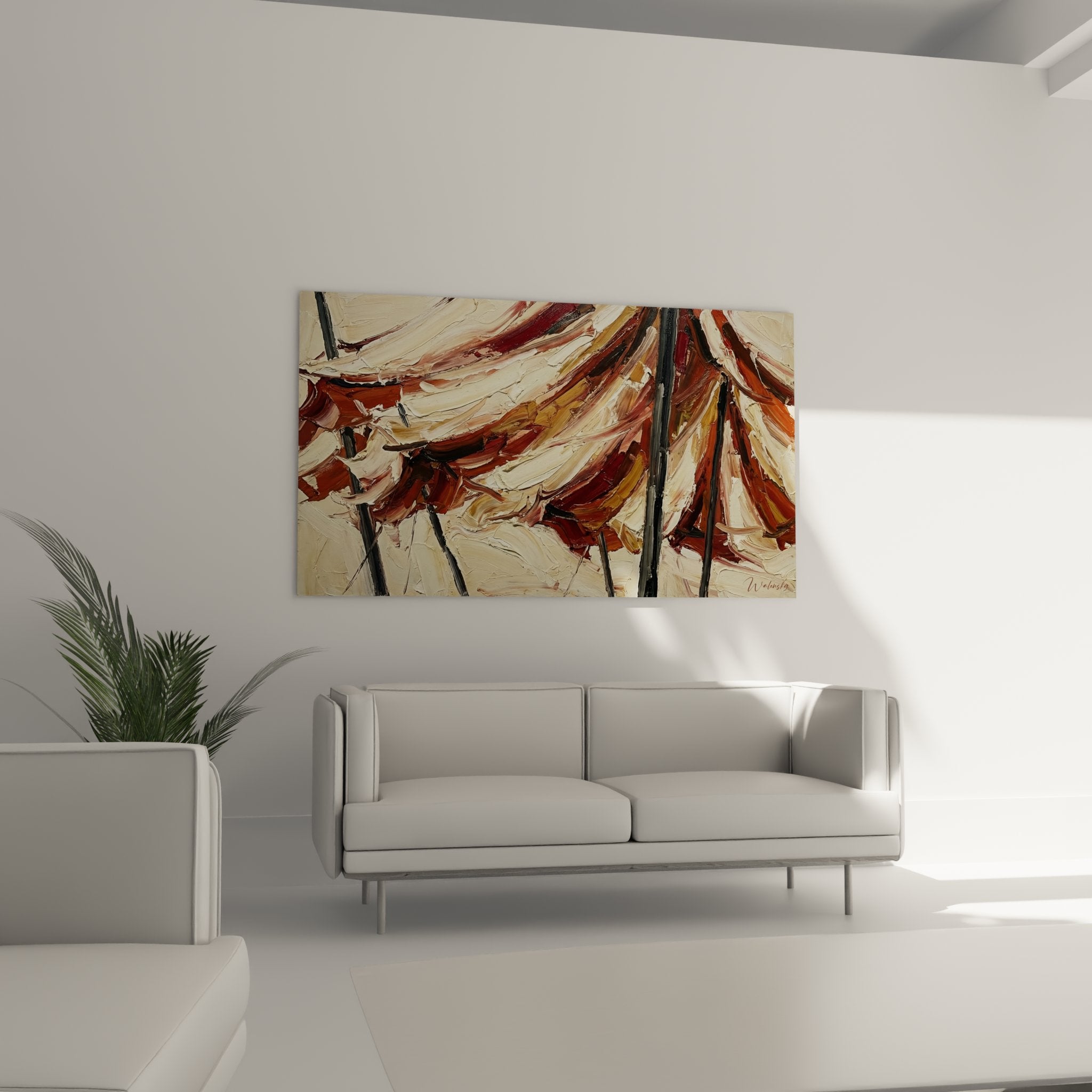 Détail texture peinture épaisse tableau chapiteau, coups de pinceau expressifs tons ocres