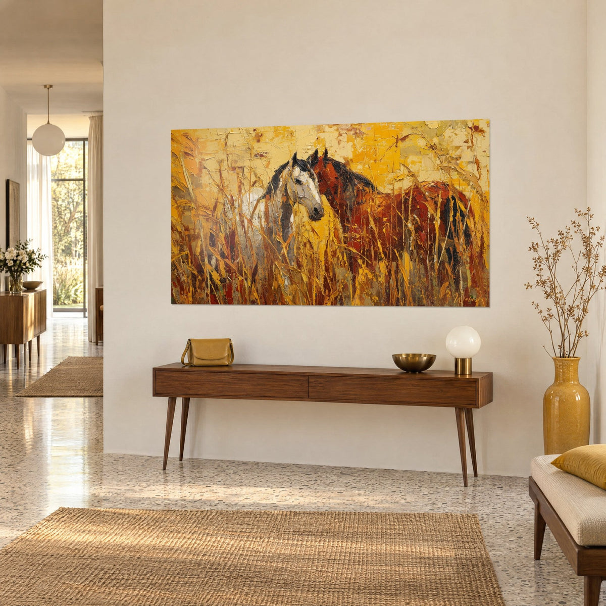 Wall art of a white mare and a chestnut stallion hidden among tall ochre and rust grasses, black manes, on a wooden console