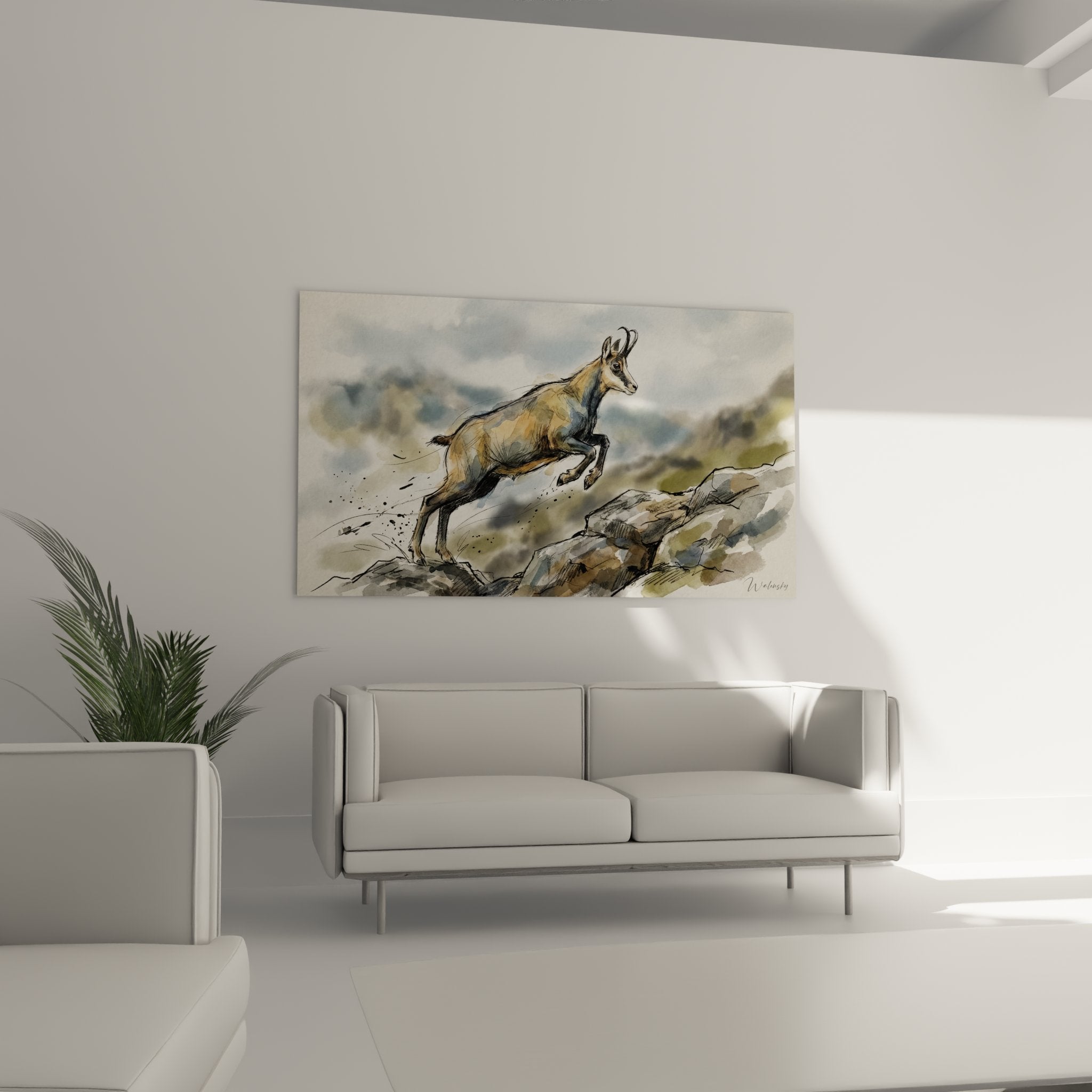 Dettaglio ravvicinato della camosciata in movimento, tecnica acquerello e inchiostro