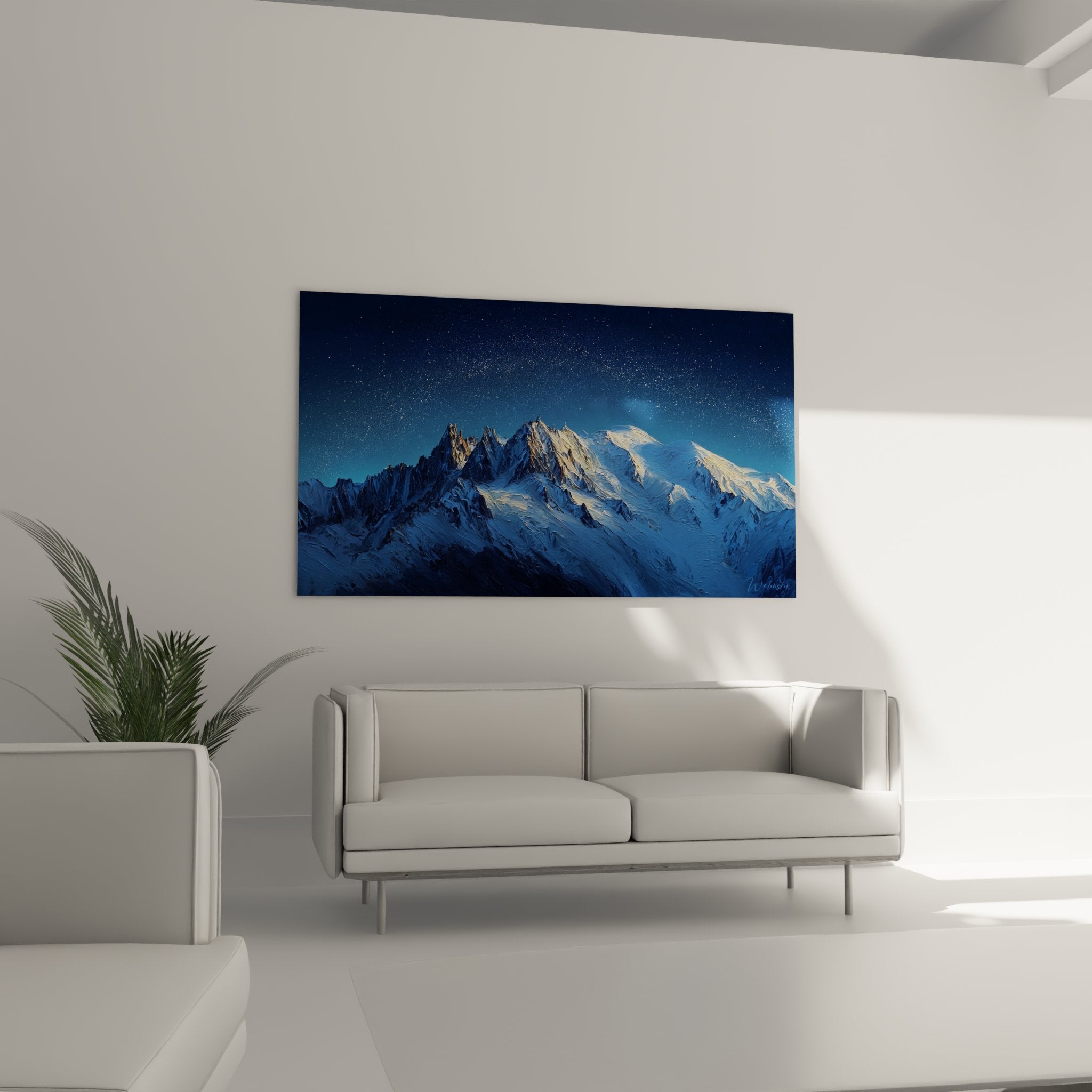 Dettaglio quadro Monte Bianco che mostra texture neve vette e sfumature blu cielo arte murale premium stellata