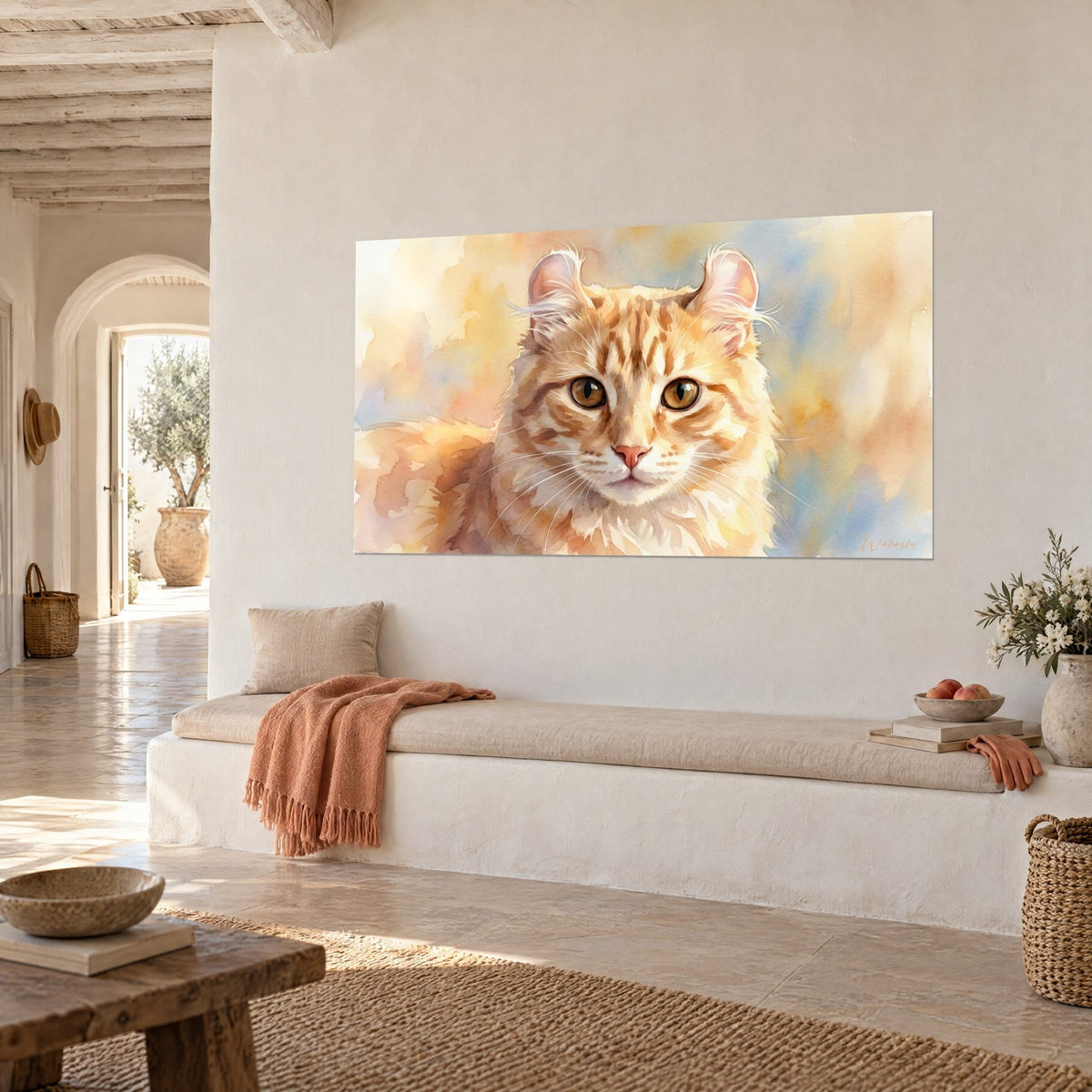 Cuadro retrato felino de ojos dorados y hocico rosado, fondo de acuarela amarilla y azul, visto de tres cuartos sobre una pared encalada