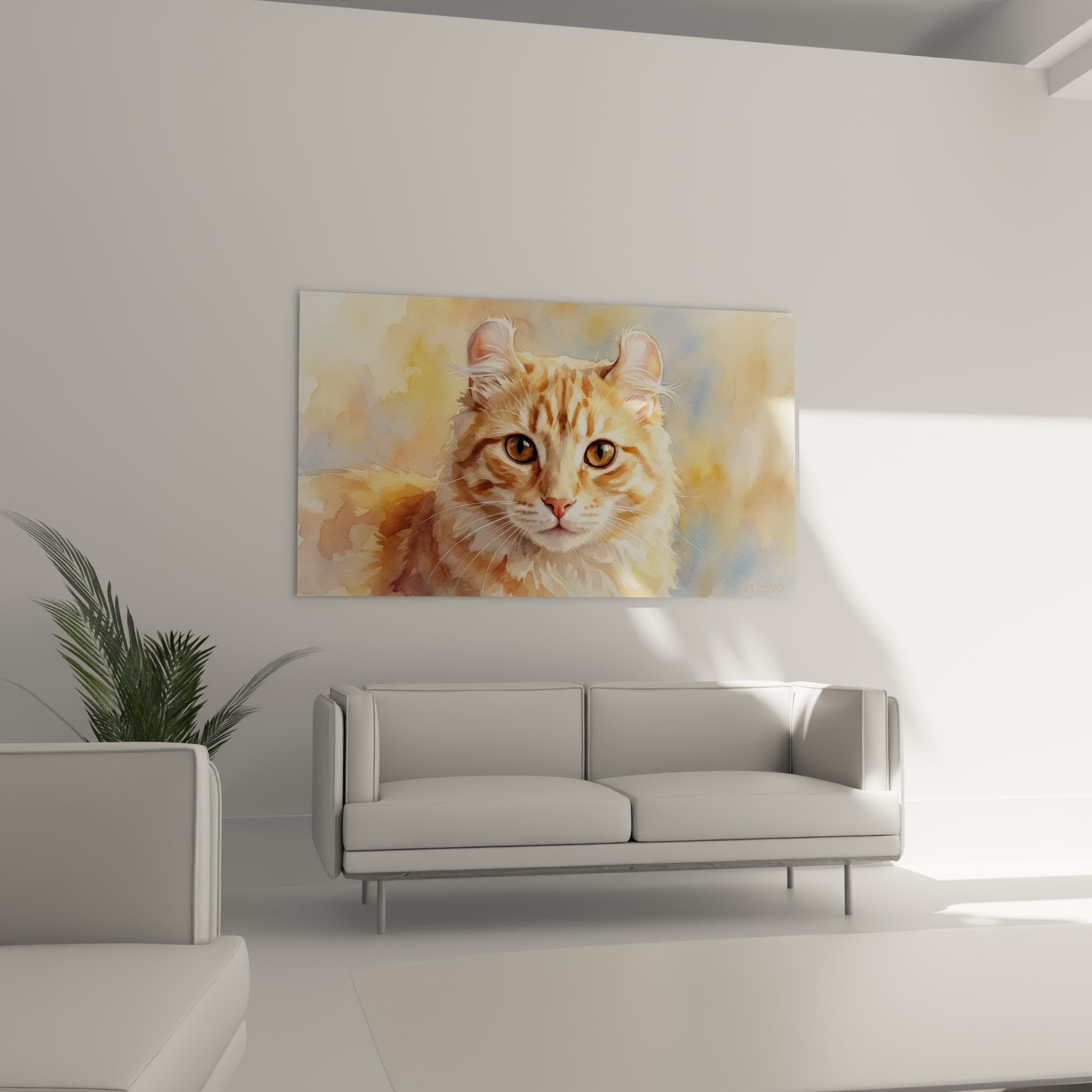 Détail portrait aquarelle chat American Curl oreilles recourbées pelage roux texturé