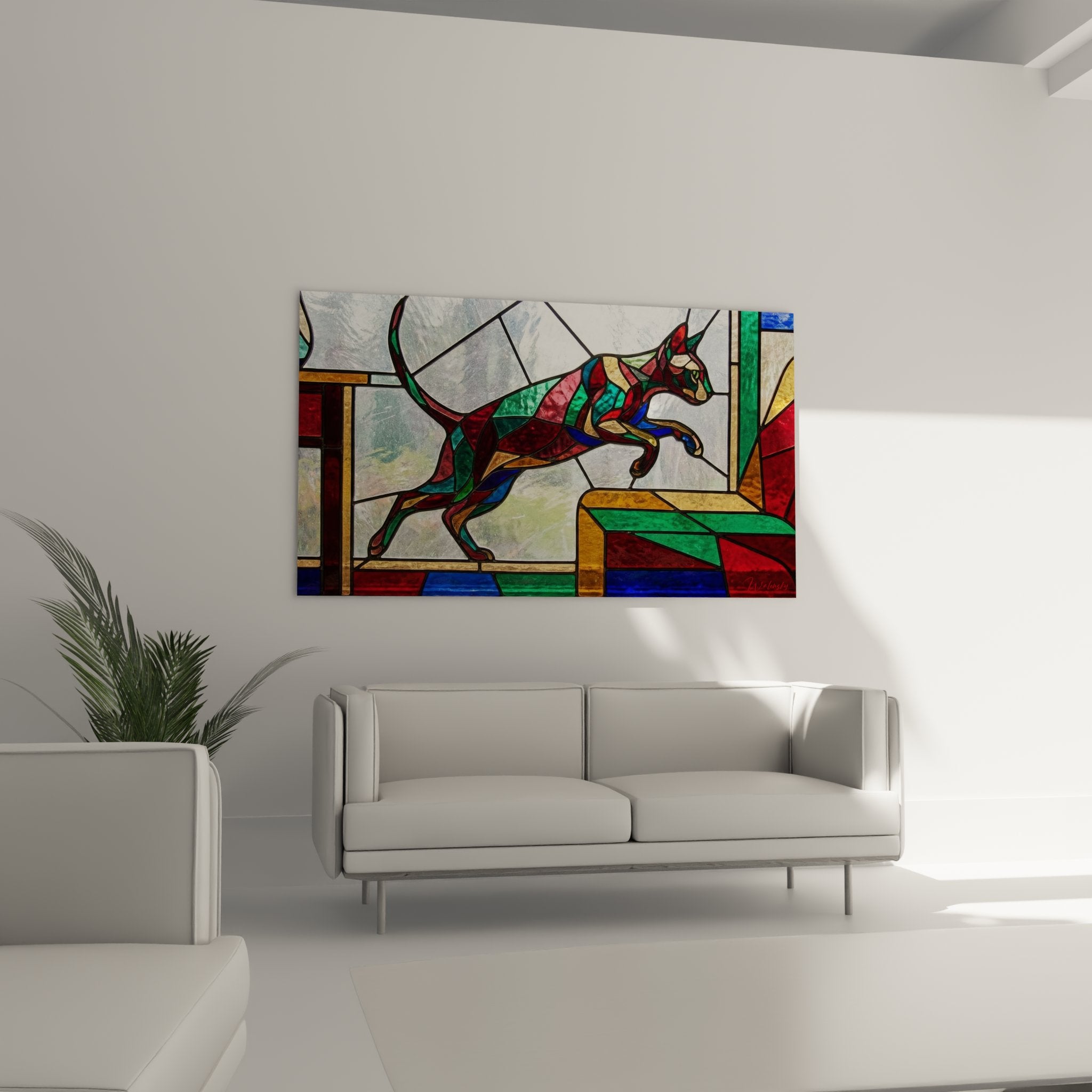 Detail Katzenbild Glasmalerei facettiert farbig rot grün blau Mosaiktechnik zeitgenössische Kunst