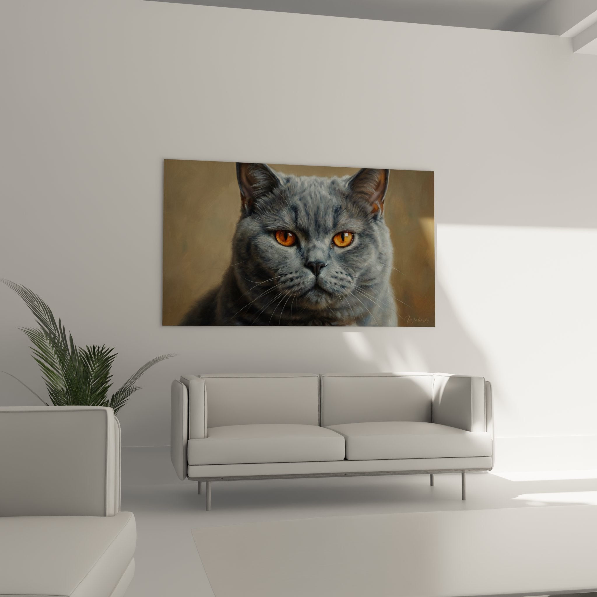 Primo piano quadro British Shorthair grigio, dettagli della pelliccia vellutata, occhi arancioni luminosi, tecnica realistica