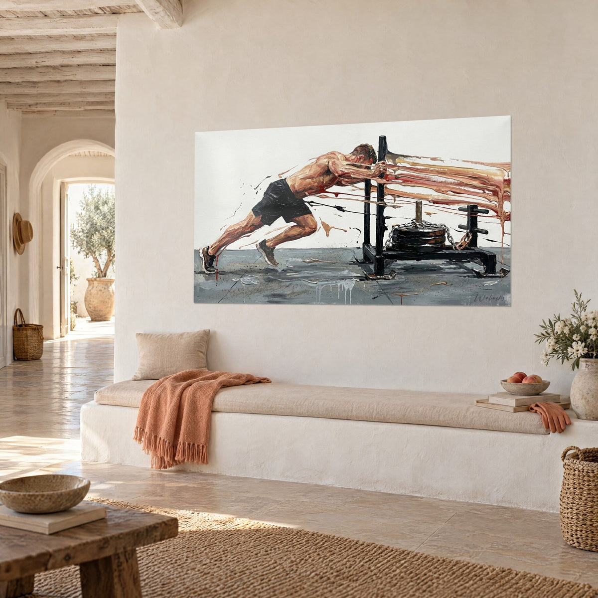 Gemälde Sportler über seinen mit Scheiben beladenen Sled gebeugt, weißer Hintergrund, grauer Boden und kupferfarbene Farbläufe, Dreiviertelansicht, mediterranes Haus