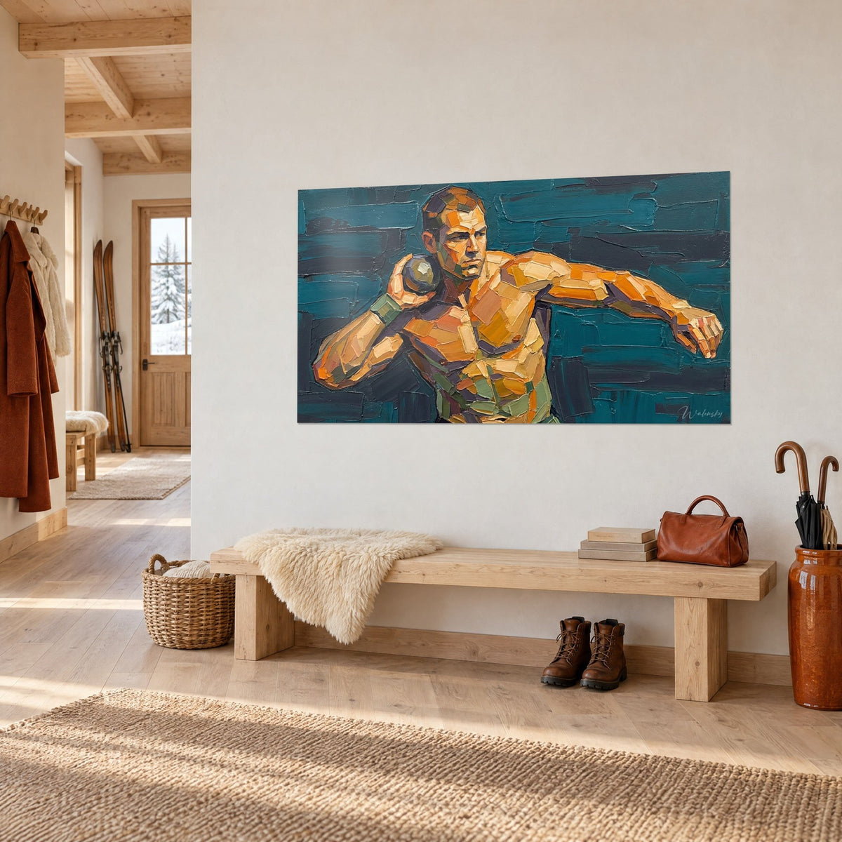Wall art muscular athlete with arm extended and a metal ball on the shoulder, amber and turquoise tones, on the white wall of a chalet hallway