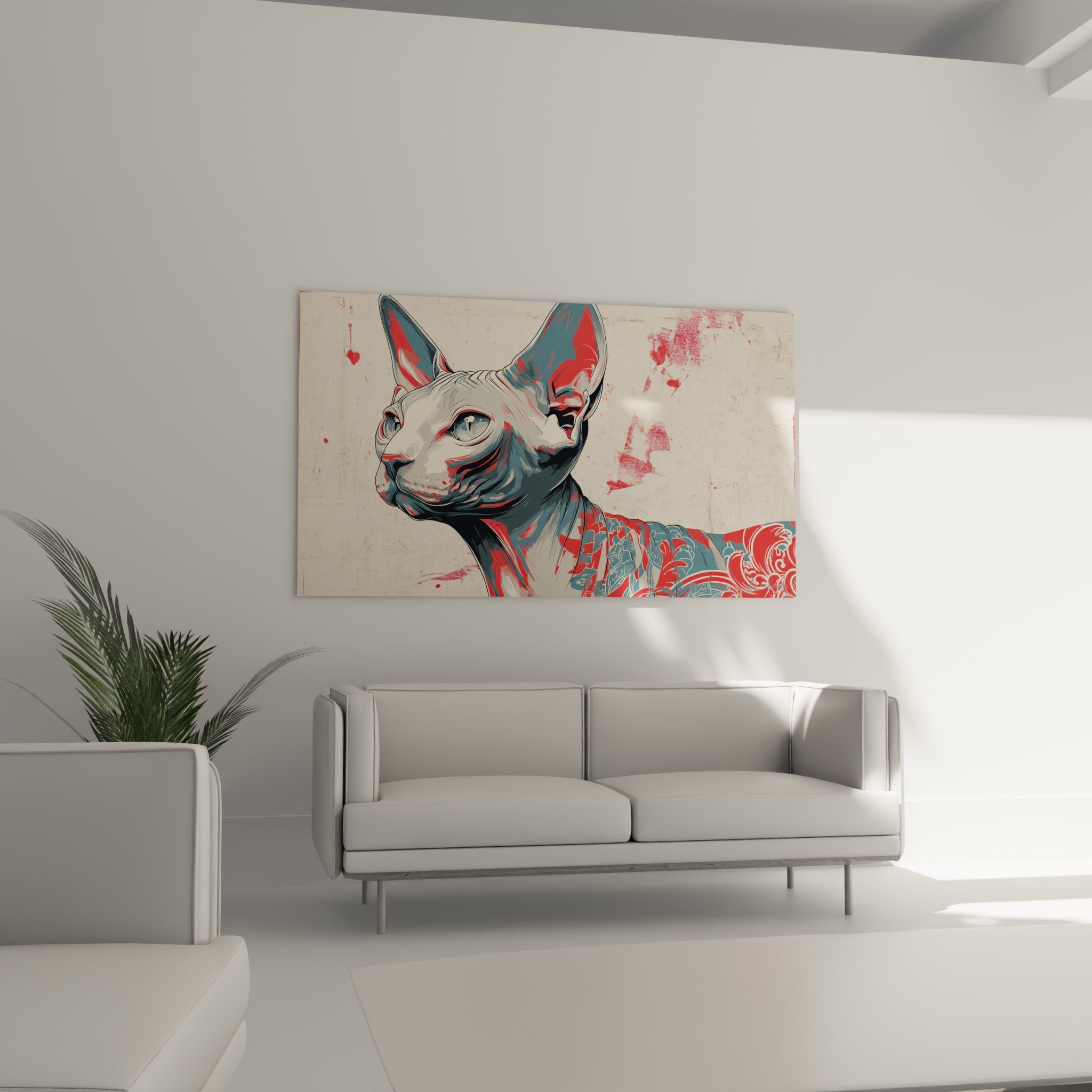 Dettaglio ritratto gatto sphynx tatuato, arte murale stile street art con motivi colorati rosso e blu