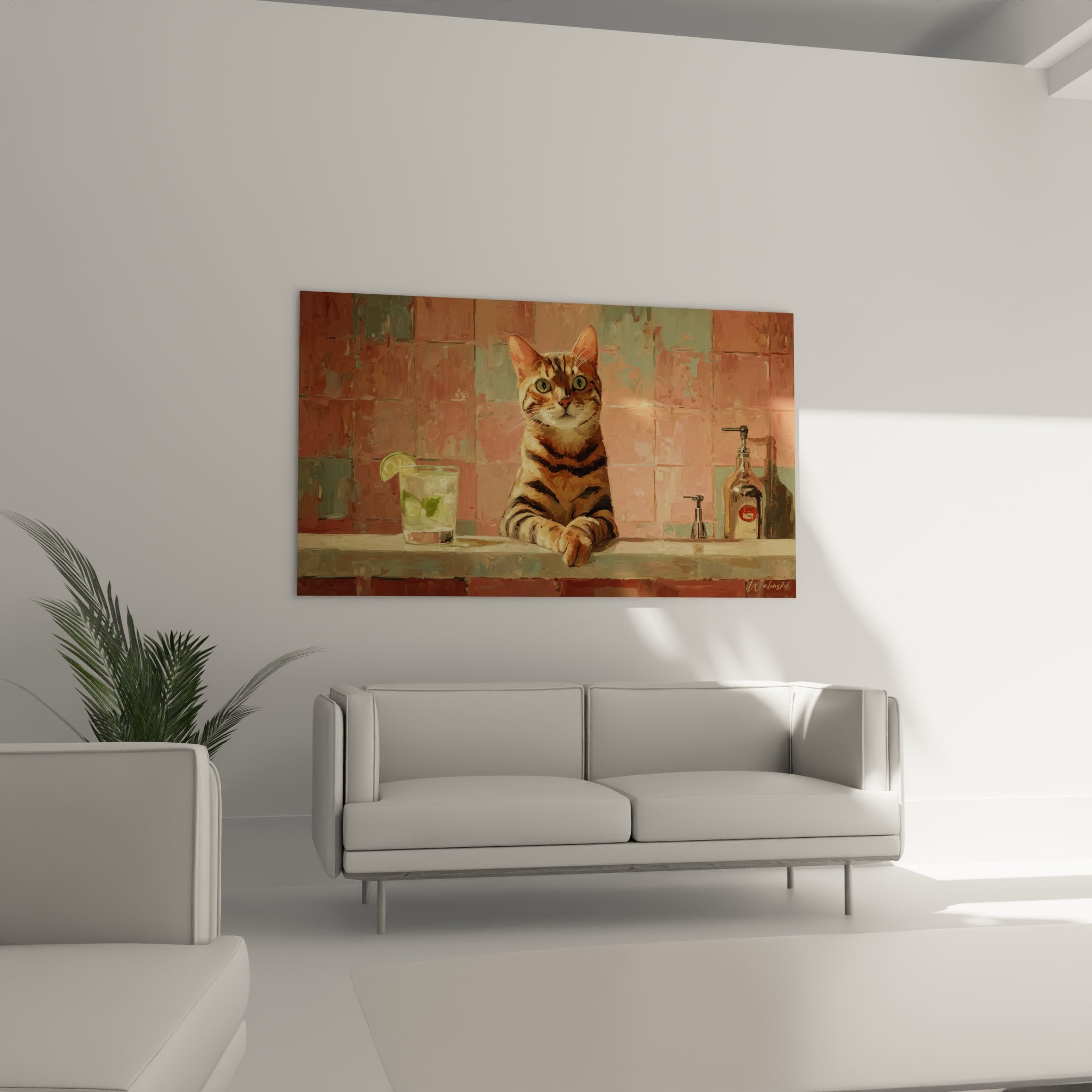 Nahaufnahme Toyger-Katzen-Gemälde mit grünen Augen, Details des getigerten Fells und edler Barkeeper-Ausdruck