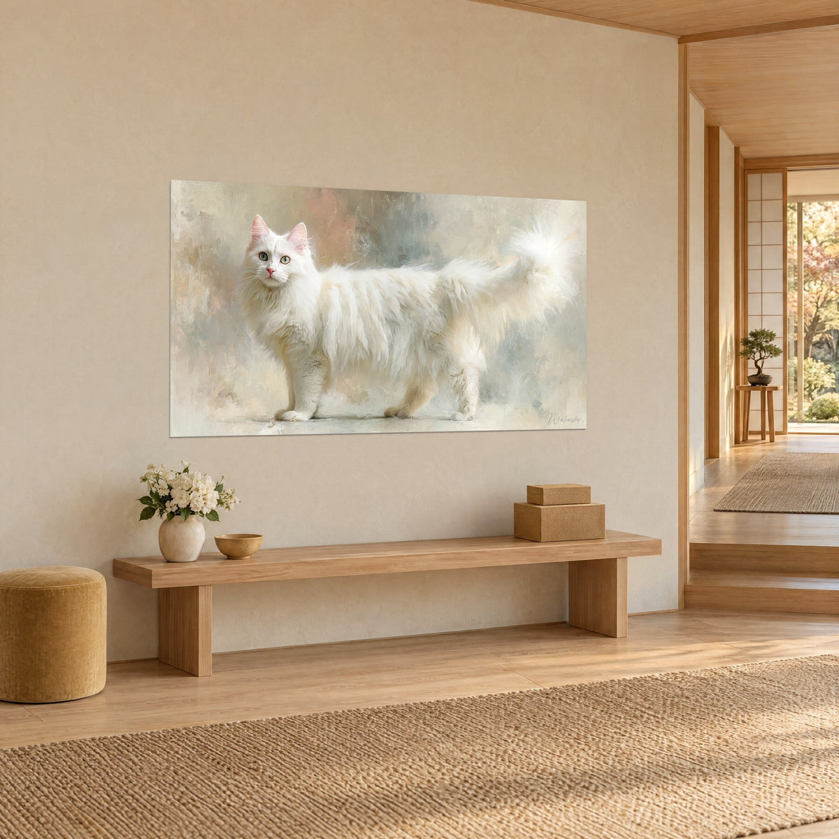Schilderij katachtige met lange sneeuwwitte vacht en pluimstaart, beige en blauwgrijze tinten, aan een beige muur naast een houten bank