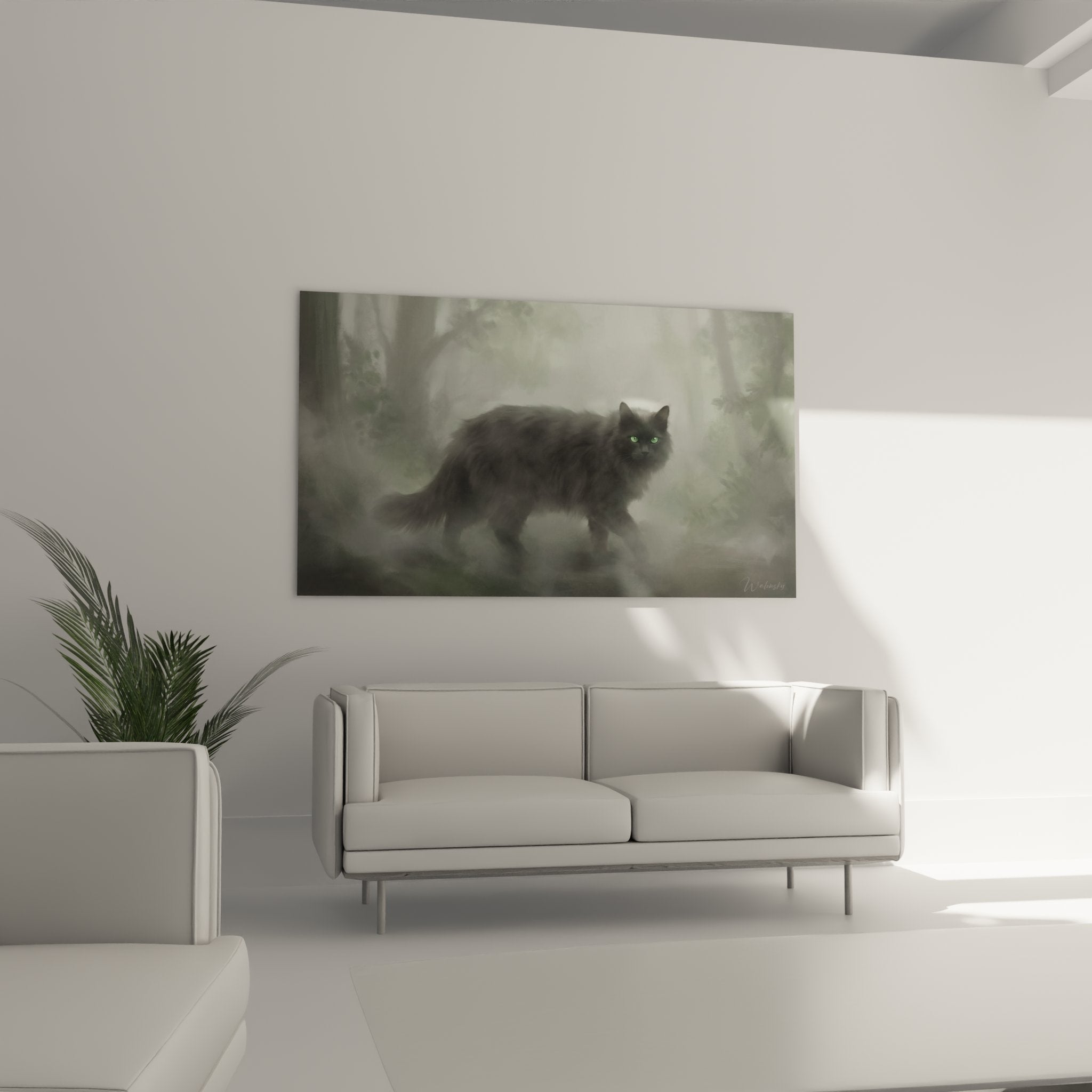 Primo piano ritratto artistico gatto Nebelung con occhi smeraldo e pelo grigio-blu setoso