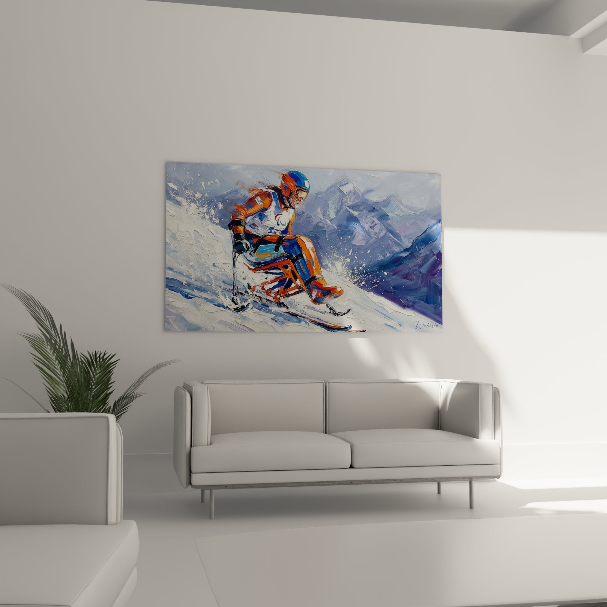 Detail peinture ski handisport montrant la technique picturale et les couleurs vives de l'equipement paralympique