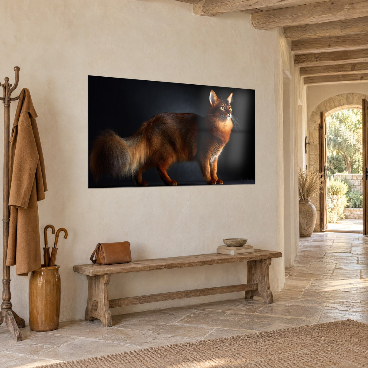 Wall art elegant feline with golden eyes, fawn and cream coat, profile turned toward the light, beige wall, wooden bench in the entrance